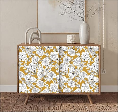 Miniatura 5 de HAOKHOME 93171-2 Papel pintado floral dibujado despegar y pegar, extraíble, barra doradanegroblanco, vinilo autoadhesivo mural 17.7 x 118 pulgadas