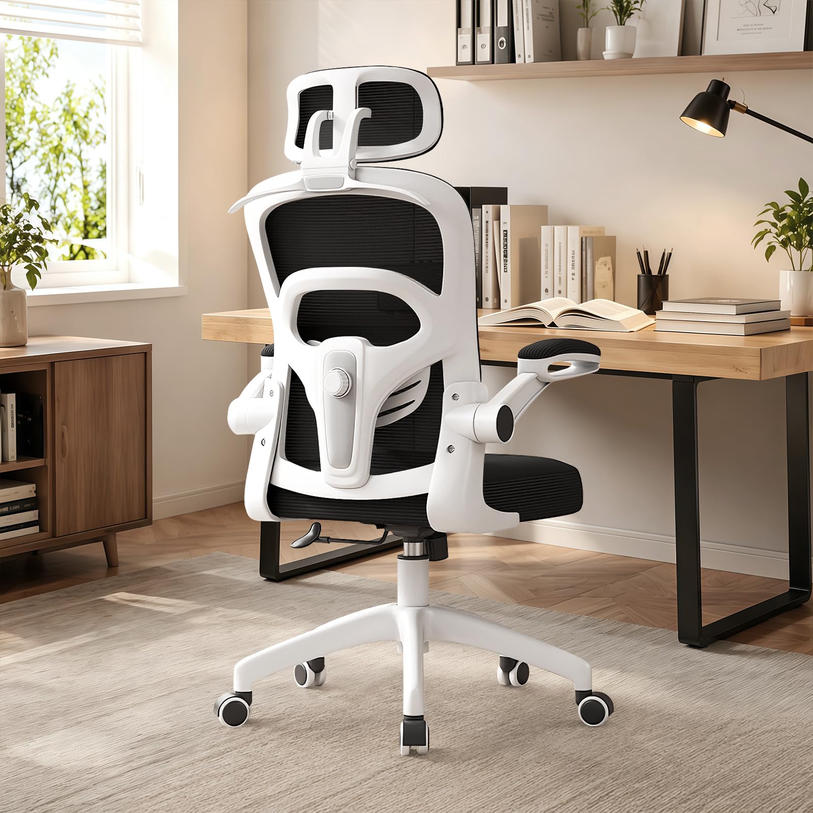 WXJHL Ergonomic Office Chair, Height Adjustable Desk Chair – Swivel Chairs with Foldable Armrests, Breathable Mesh, Adjustable Headrest and Lumbar Support – for Home Office, BlackW