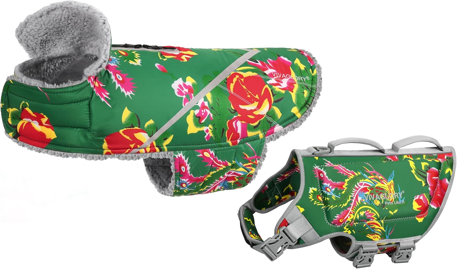 VIVAGLORY Lightweight Dog Life Jacket + Warm Dog Fleece Vest Jacket with Two-Way Zipper Opening, Neoprene Skin-Friendly, Northeast Florals