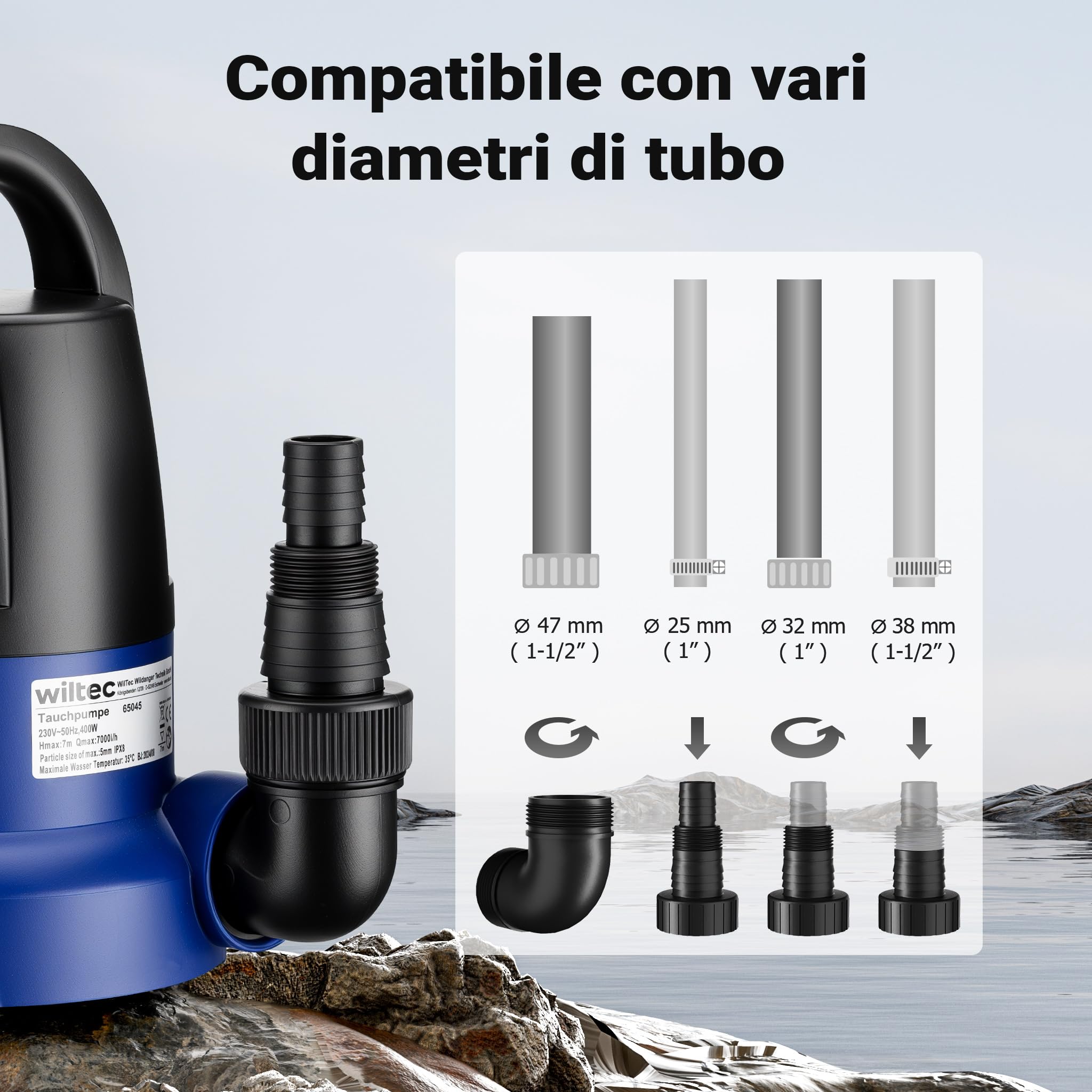 Wiltec Pompa sommersa 400 W, pompa per acque reflue con portata max 7000 l/h, pompa a immersione, prevalenza max 7 m