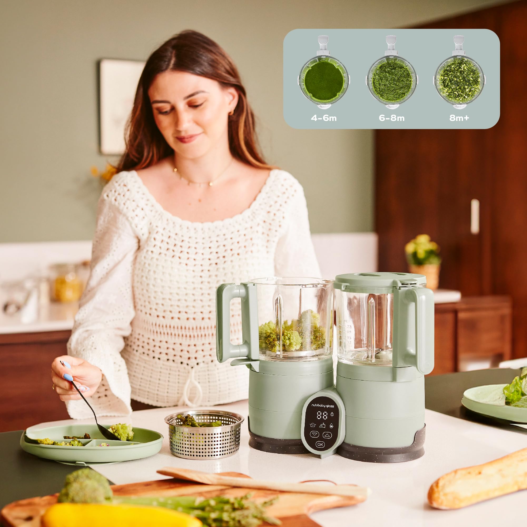 Babymoov Robot Cuiseur Bébé Nutribaby Glass - Bols en Verre - 4 en 1 Mixeur Cuiseur Vapeur, Grande Contenance 1,9L, Cuisson Saine des Aliments, Vert Celadon