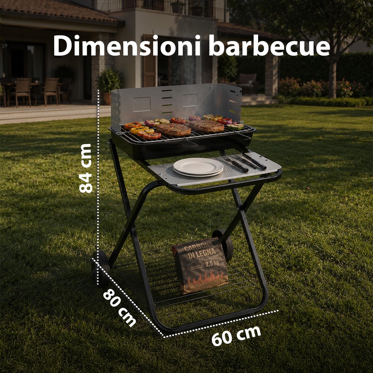 Avilia Barbecue a Carbonella Portatile Pieghevole in Acciaio - Barbecue con Griglia 54x38cm e 2 Ruote per Facile Trasporto - Barbecue Portatile per Grigliate in Giardino e Campeggio - 60x80x84cm