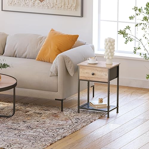 Miniatura 5 de AMHANCIBLE Nightstands Set of 2 End Tables Living Room with Drawer Industrial Side Tables with Storage Shelf Night Stands for Bedroom Wood Metal