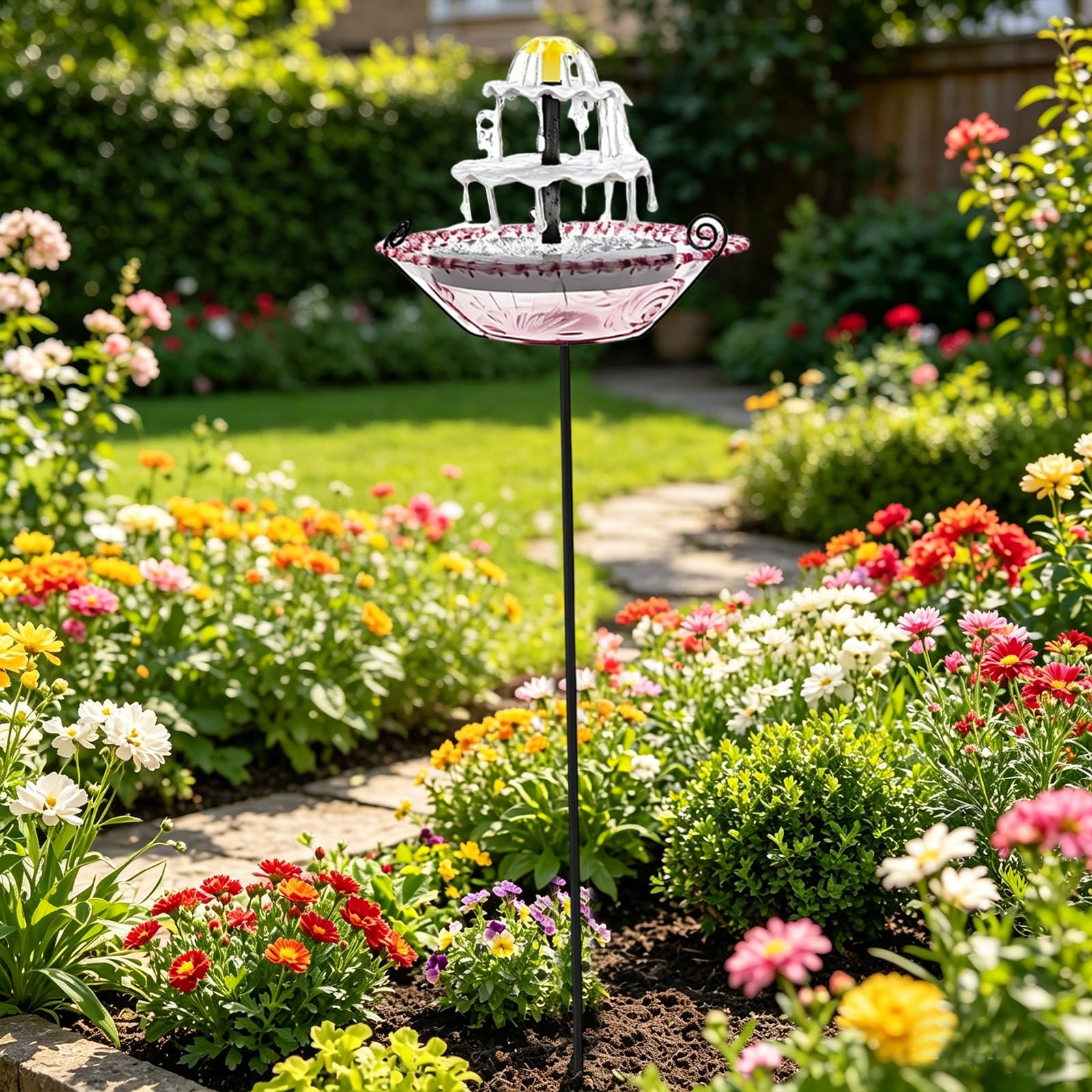 Solar Bird Bath Fountain for Outside, Solar Fountain for Bird Bath with 5 Prongs Metal Stake Stand, Outdoor Water Fountains, Cascading Standing Birdbaths for Garden, Yard, Patio & Lawn Decor
