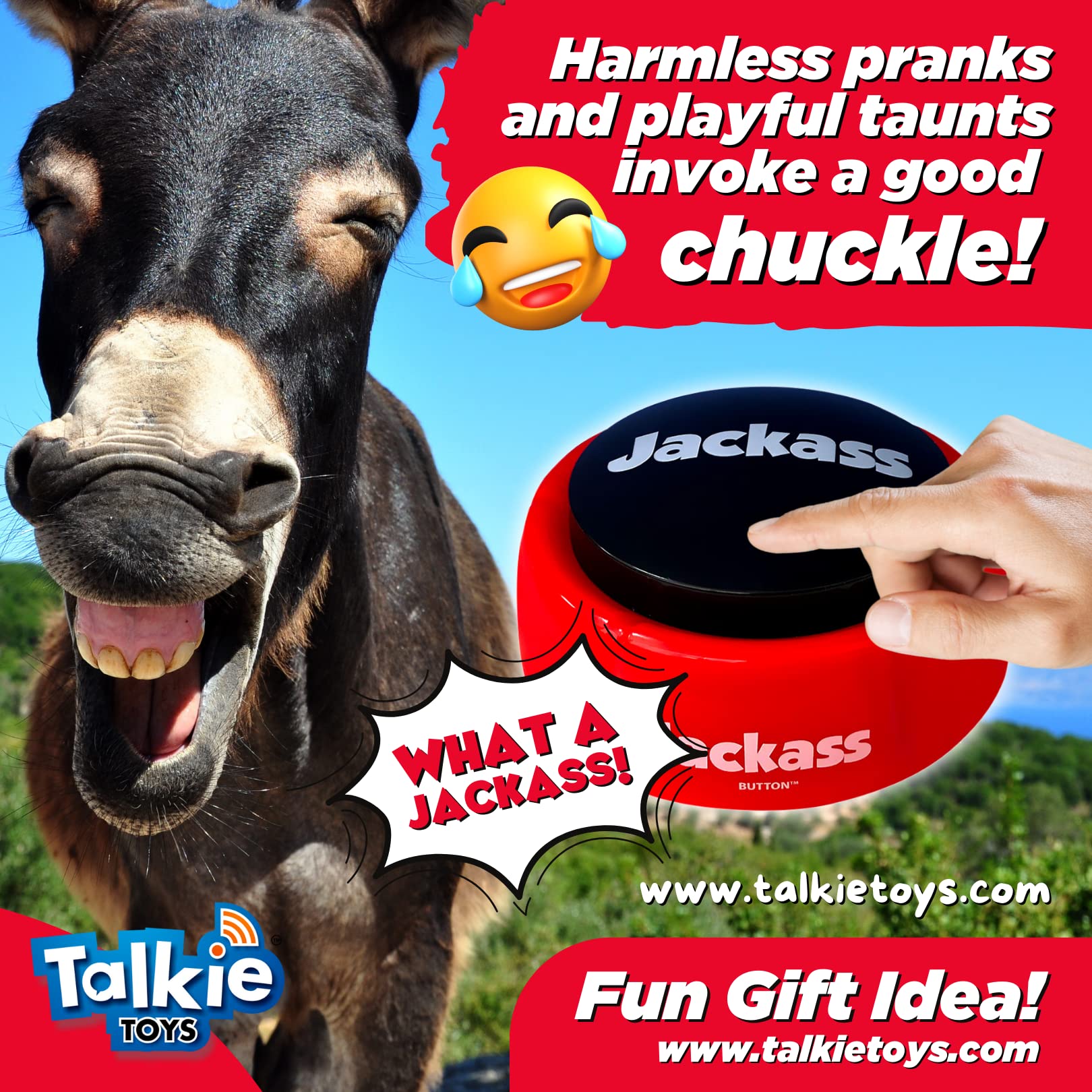 Talkie Toys Products Sprechender Jackass-Knopf mit witzigen Jackass-Sprüchen – lustiges Geschenk für Erwachsene und Teenager aller Geschlechter