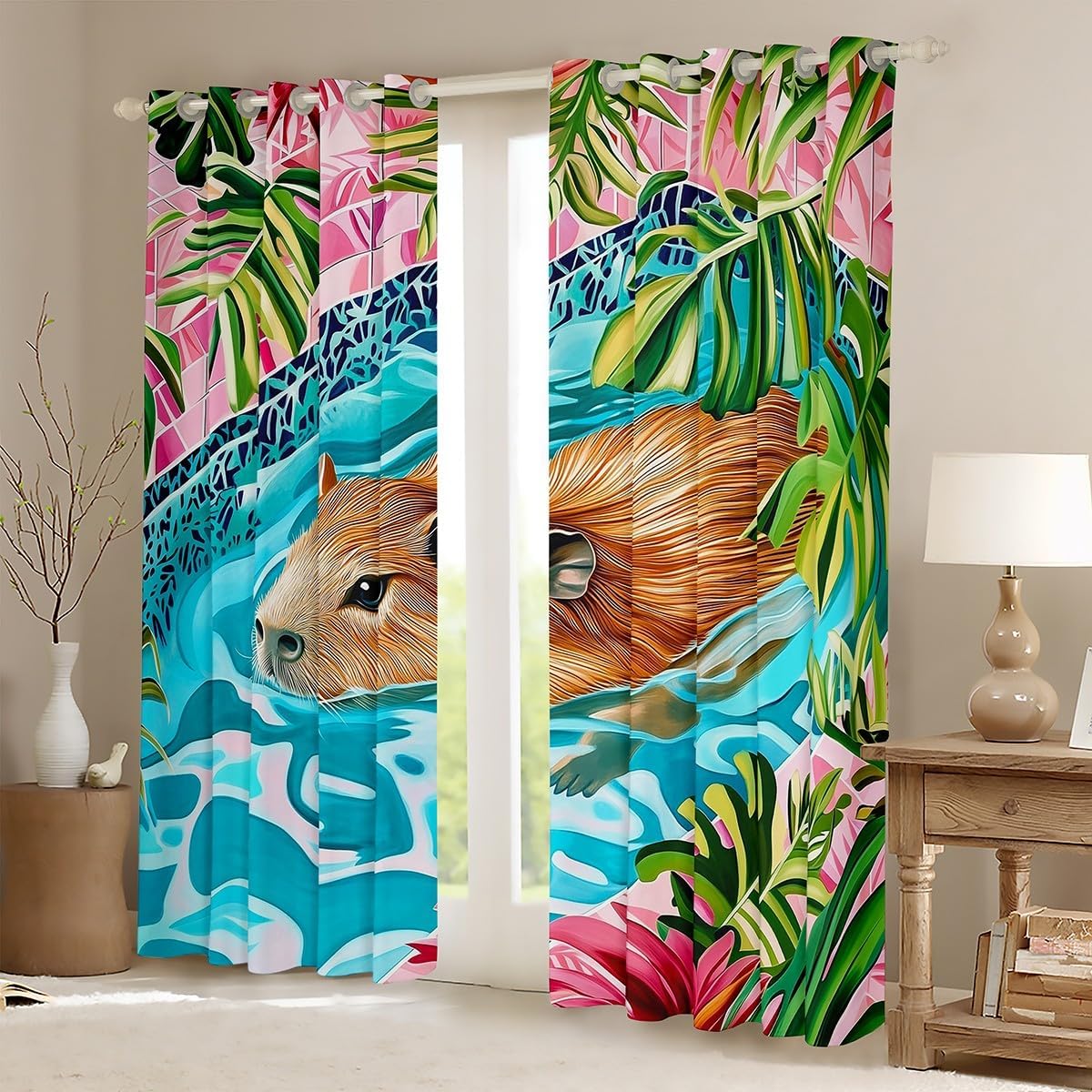Cute Capybara Curtains,Kids Adults Teens Room Decor Summer Swimming Pool Animals Boys Girls Window Treatment Curtain,Hawaii Tropical Leaves Plants Window Drapes,Top 2 Panel,38Wx45L