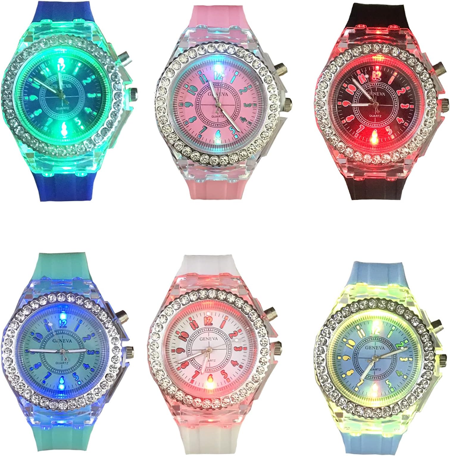 Silicone Bling Women Men Watch LED Luminous Colorful Lights Sport Watches (6 Pack)