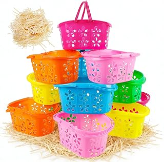 Zcaukya 12 Packs Easter Baskets, 6.5"x4.5"x3.2" Colorful Kids Baskets with Handles, Empty Plastic Easter Basket for Egg Hunt Party Favors