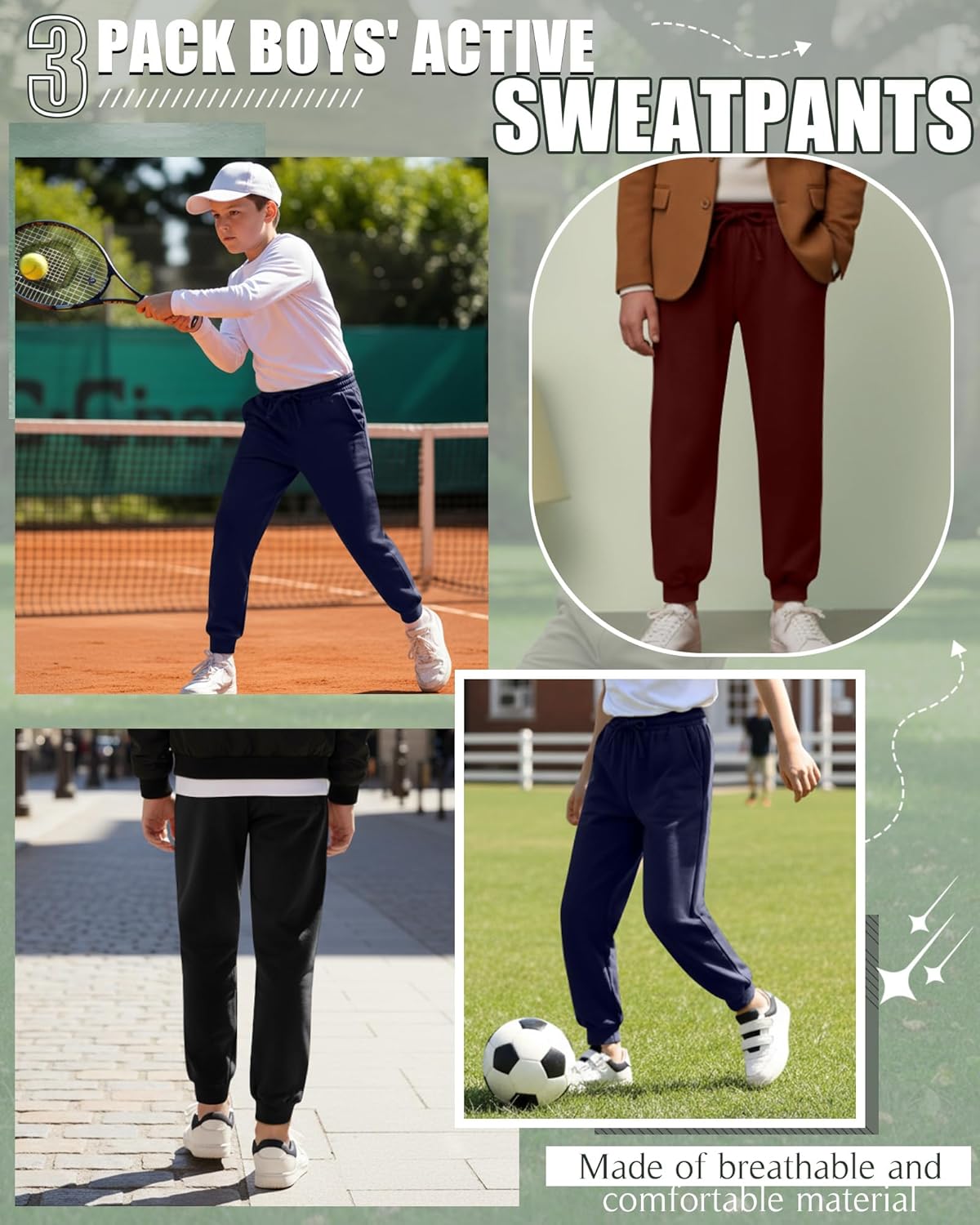 3 Pack Boys' Sweatpants Kids Athletic Joggers with Pockets Baggy Drawstring Casual Elastic Waist Pants - Image 2