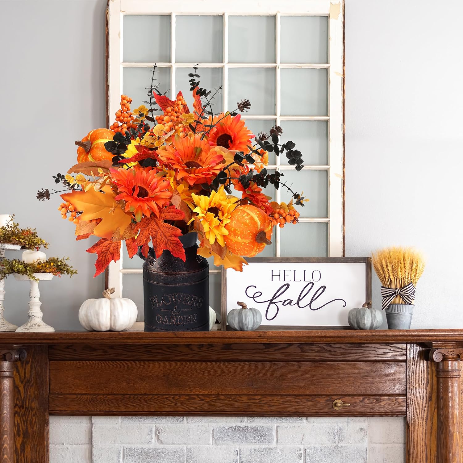 Sggvecsy Artificial Fall Flowers 2 Pcs Floral Arrangement with Metal Pot Fake Floral Stems Autumn Maple Leaves Branches Fall Silk Bouquets with Pumpkins Sunflower for Thanksgiving Home Table Decor image 5