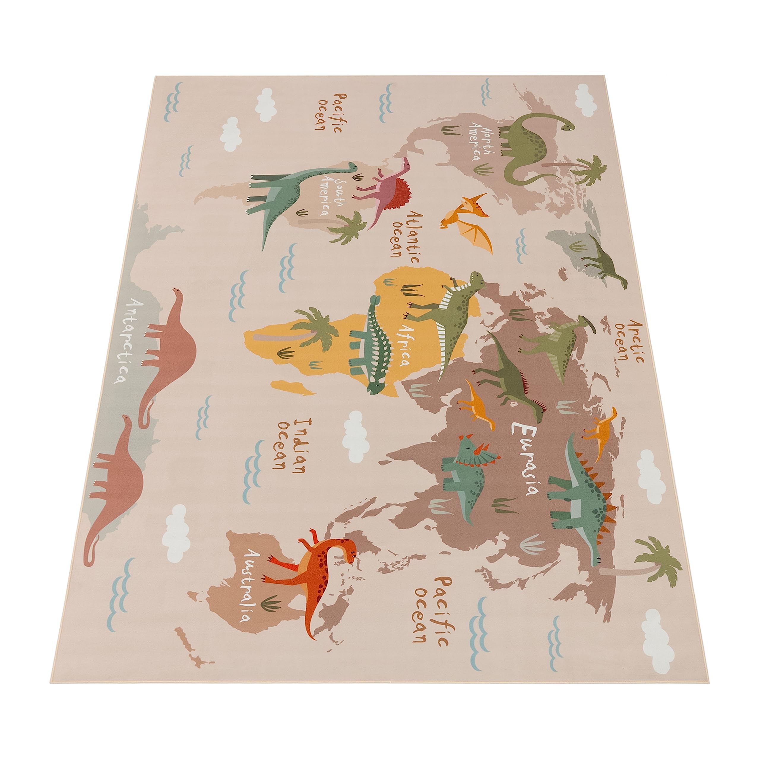 Paco Home Teppich Kinderzimmer Kinderteppich Junge Mädchen Spielteppich Dinosauriert Welt Motiv rutschfest Modern Beige Braun Grün, Grösse:200x290 cm
