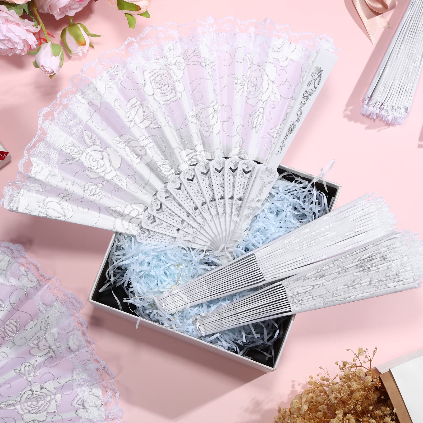 Elegant White Bride Fan Amazon.com: Sepwedd 30pcs White Rose Lace Floral Folding  main image 2