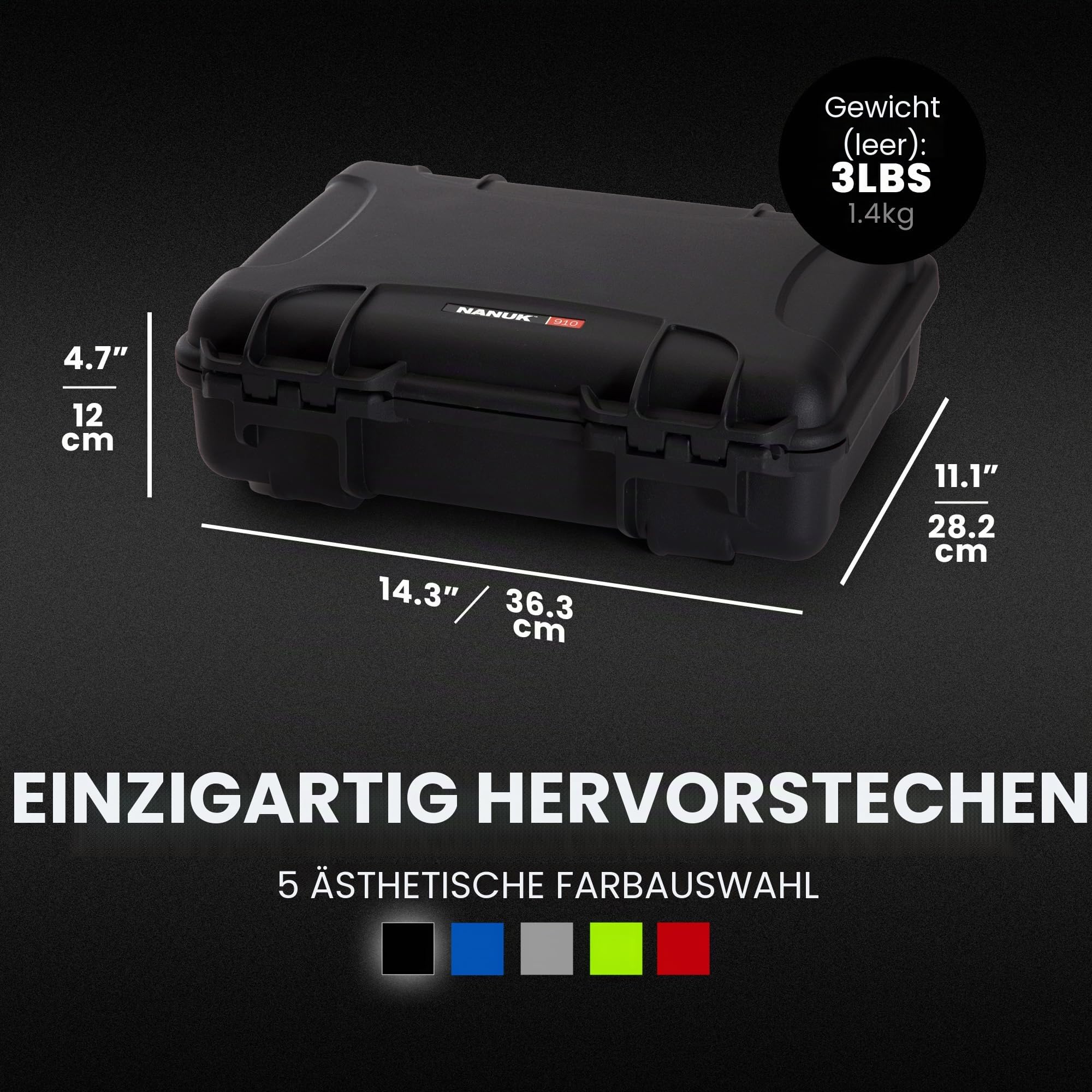 NANUK 910 – Wasserdichter Schutzkoffer aus NK-7-Kunststoff mit individuell anpassbarem Schaumstoff-Einsatz (36,3 x 28,2 x 11,9 cm) (Schwarz)