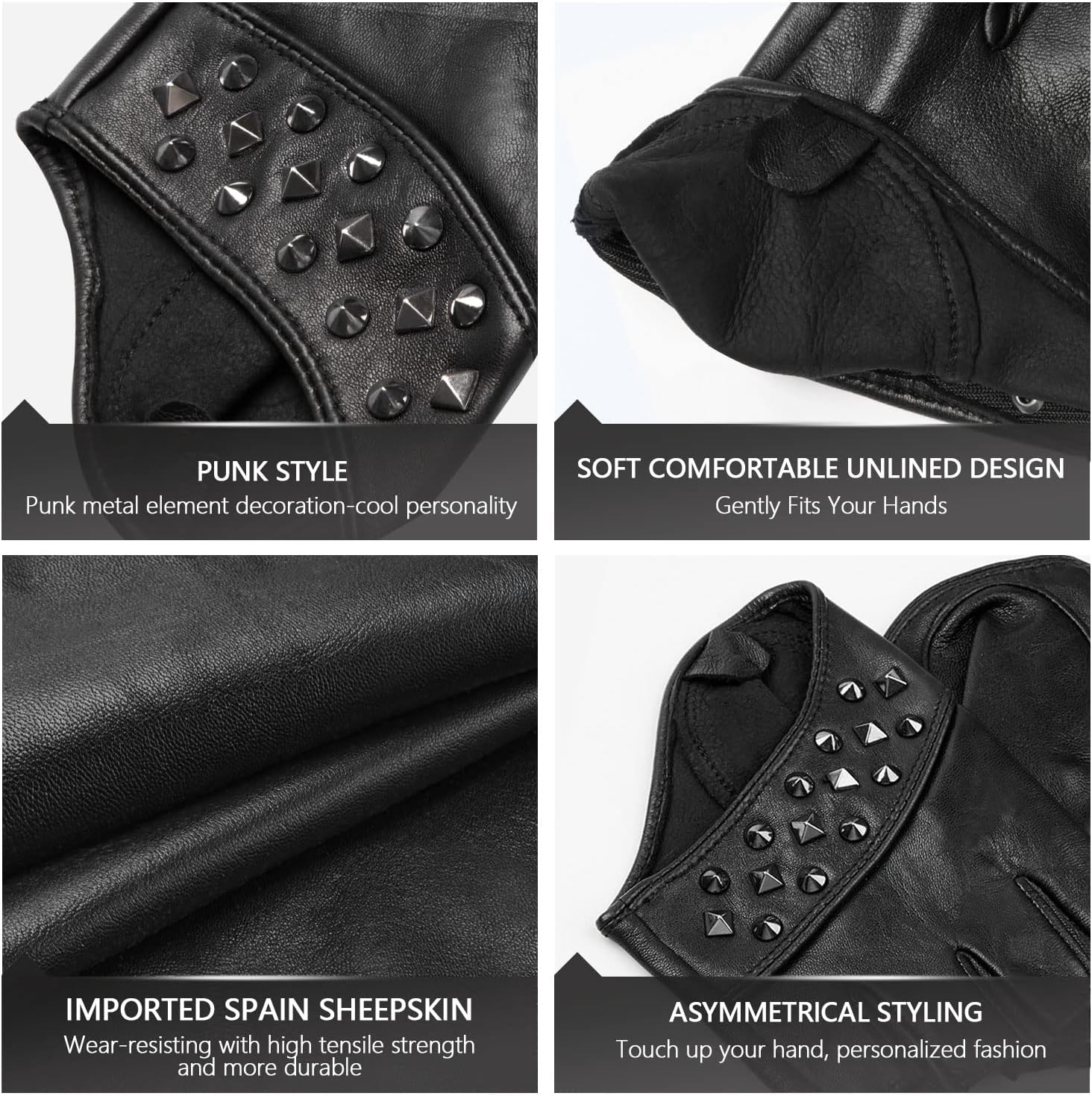 FIORETTO Womens Fingerless Leather Gloves for Driving Unlined Half Finger Punk Gloves 180413 - Image 3