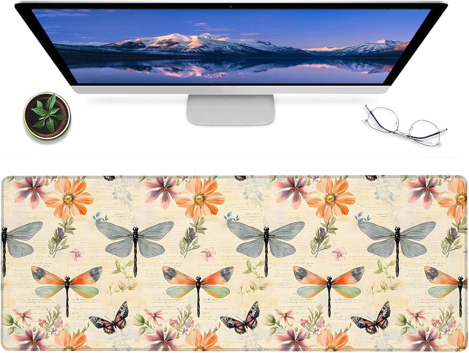 Retro Dragonfly Gaming Mouse Pad,12x31.5in Non-slip Rubber Flower Vintage Desk Mat,Large Extended Mousepad for Office Home Laptop,Mice Pads Gifts,Game Lover Deskmat Decor (Pink Purple and Blue)