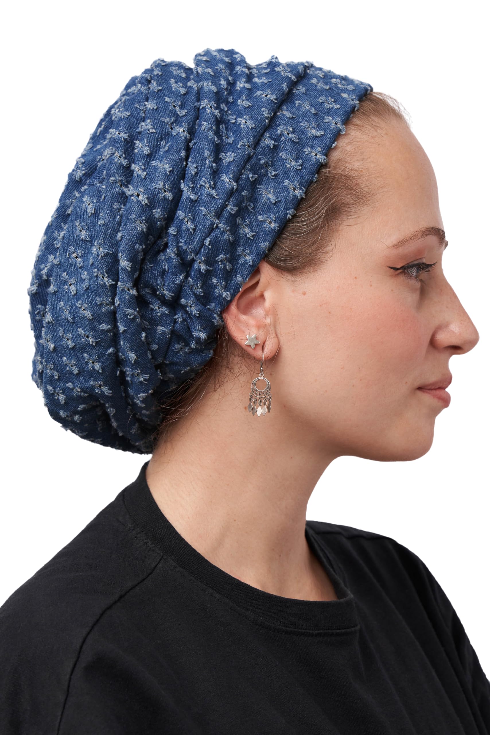Women's Blue Ermandina Denim Head Covering For Tichel Slouchy Beanie Beret Snood Headcovering, One Size