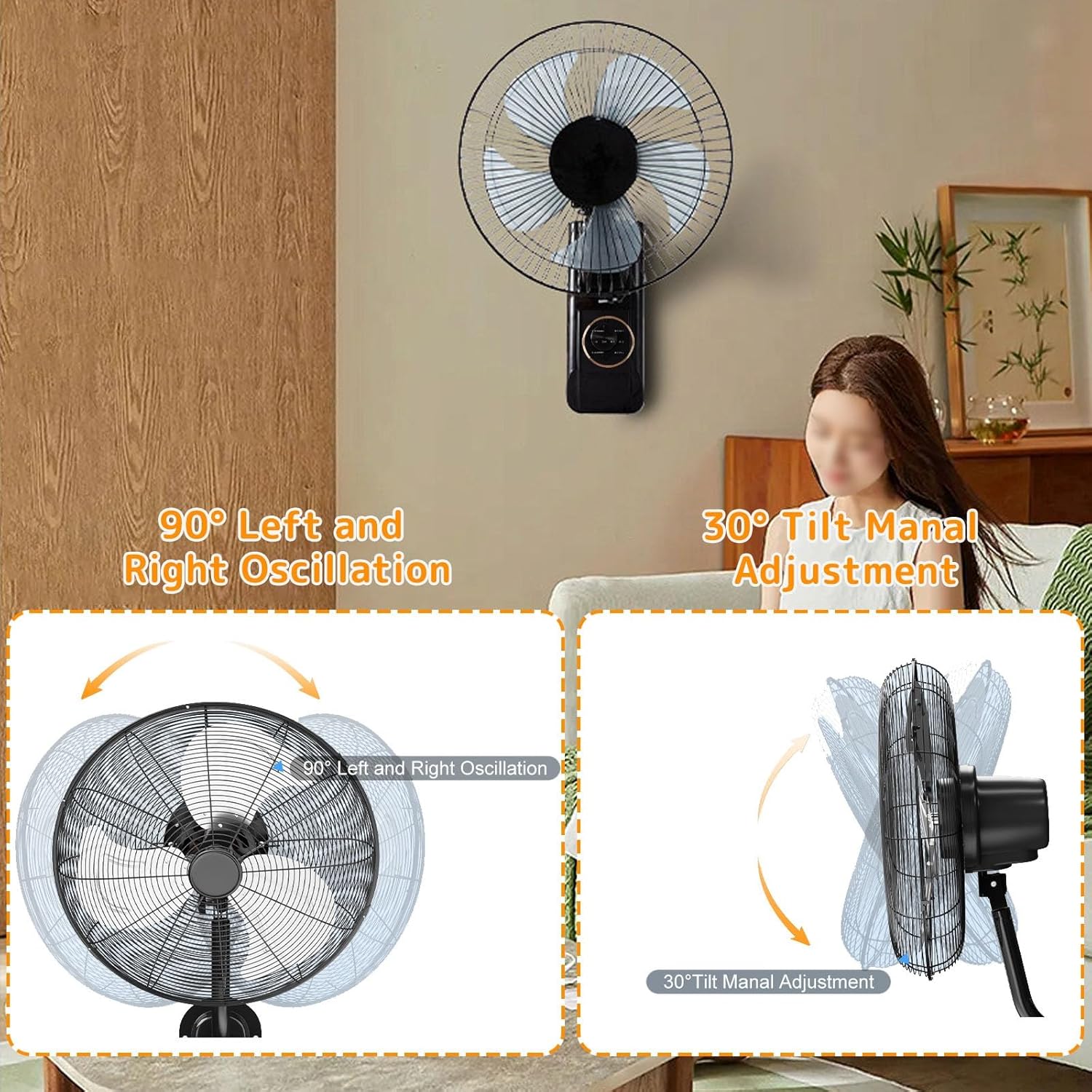 16" Wall Mount Solar Fan with Remote, 3-Speed Oscillating Quiet Fan, Timer, Adjustable Tilt, Runs on Solar Panel or Power Adapter, Indoor Outdoor Use