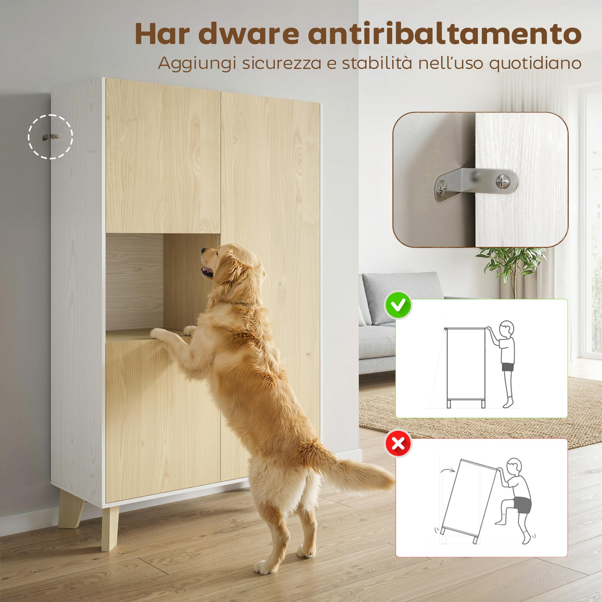 HOMCOM Credenza Cucina, Mobile Cucina 6 Scomparti Bianco e Color Legno | Credenza Buffet, Ante a Chiusura Ammortizzata, Soggiorno, Salotto, Sala da Pranzo