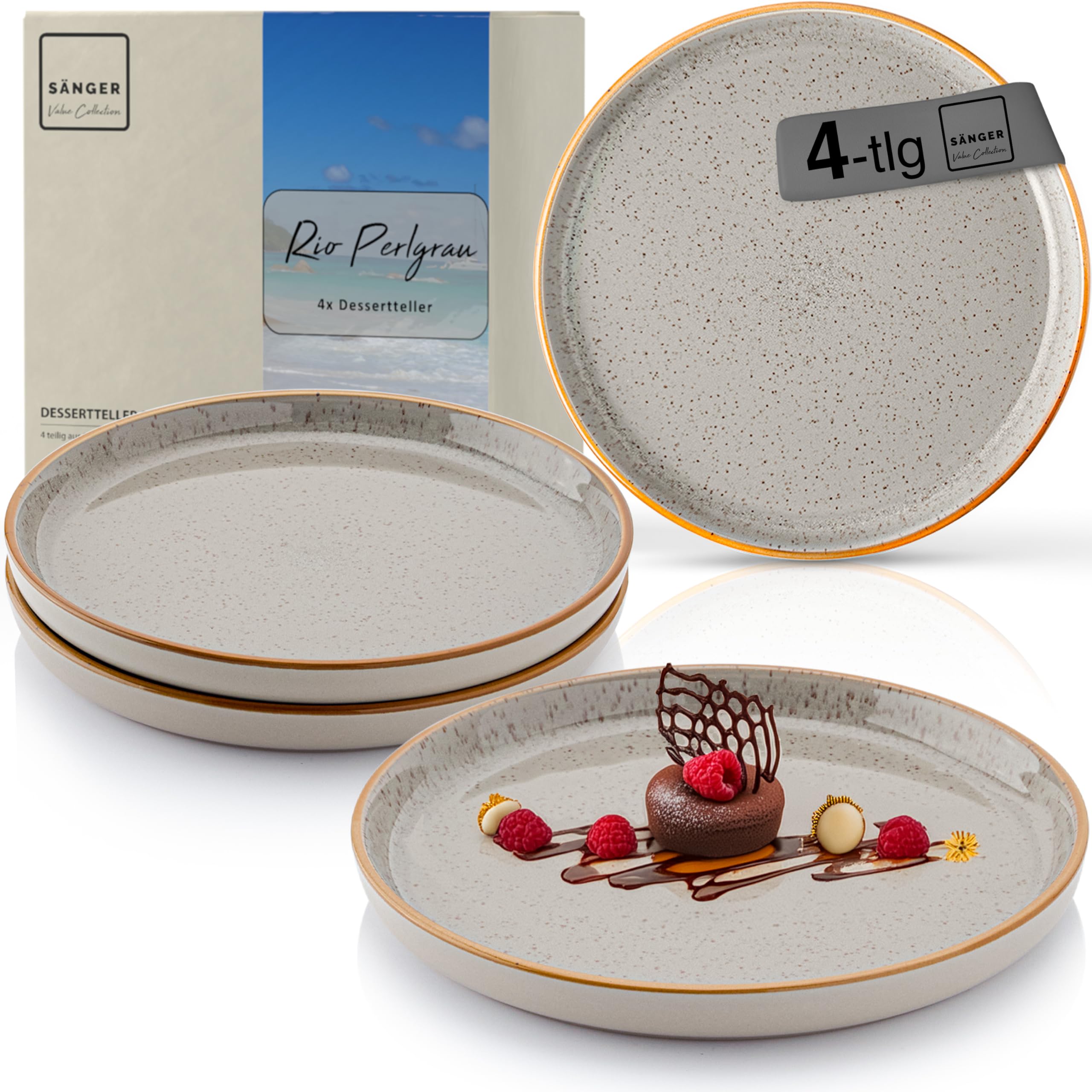 Sänger Rio Perlgrau | Dessertteller 4 teilig, Steingut Frühstücksteller 4 Personen, Kuchenteller spülmaschinenfest mikrowellenfest multifunktional, Steingut Geschirr grau | VALUE COLLECTON