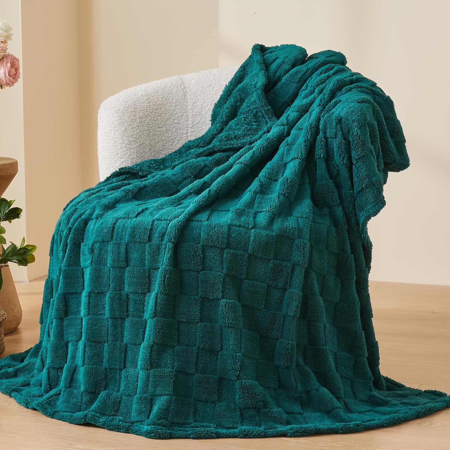 NEWCOSPLAY Super Soft King Blanket Dark Teal Premium Silky Flannel Fleece 3D Checkered Lightweight Bed Blanket All Season Use (Dark Teal Checkered, King(90"x110")) - Image 9