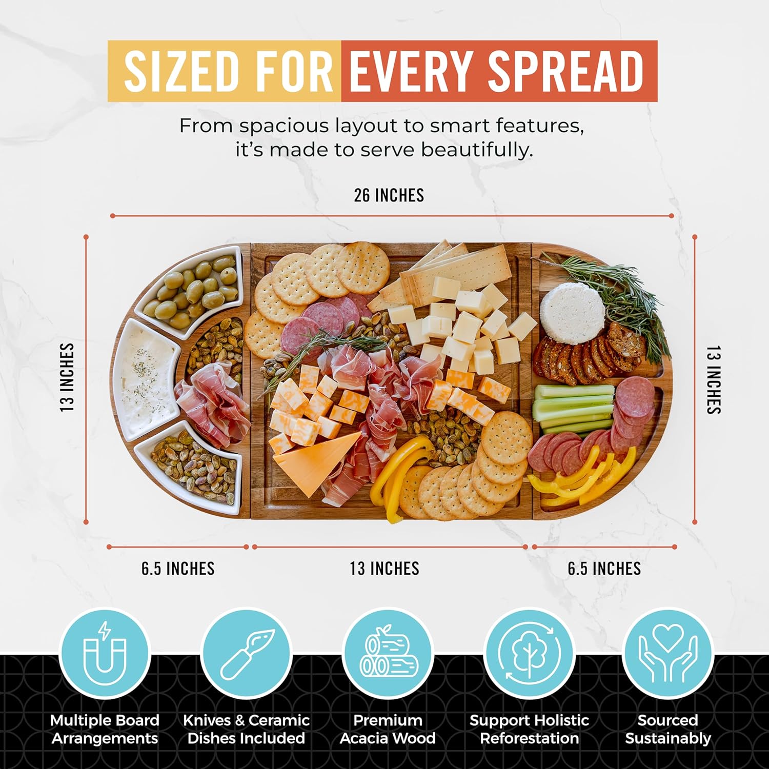 Large Wooden Charcuterie Board Set (Oil Finish) - 3-Piece Magnetic Long Serving Board Tray with Charcuterie Accessories - Acacia Wood Cheese Platter with Cheese Knife Set & Ceramic Dishes - Brown - Image 4