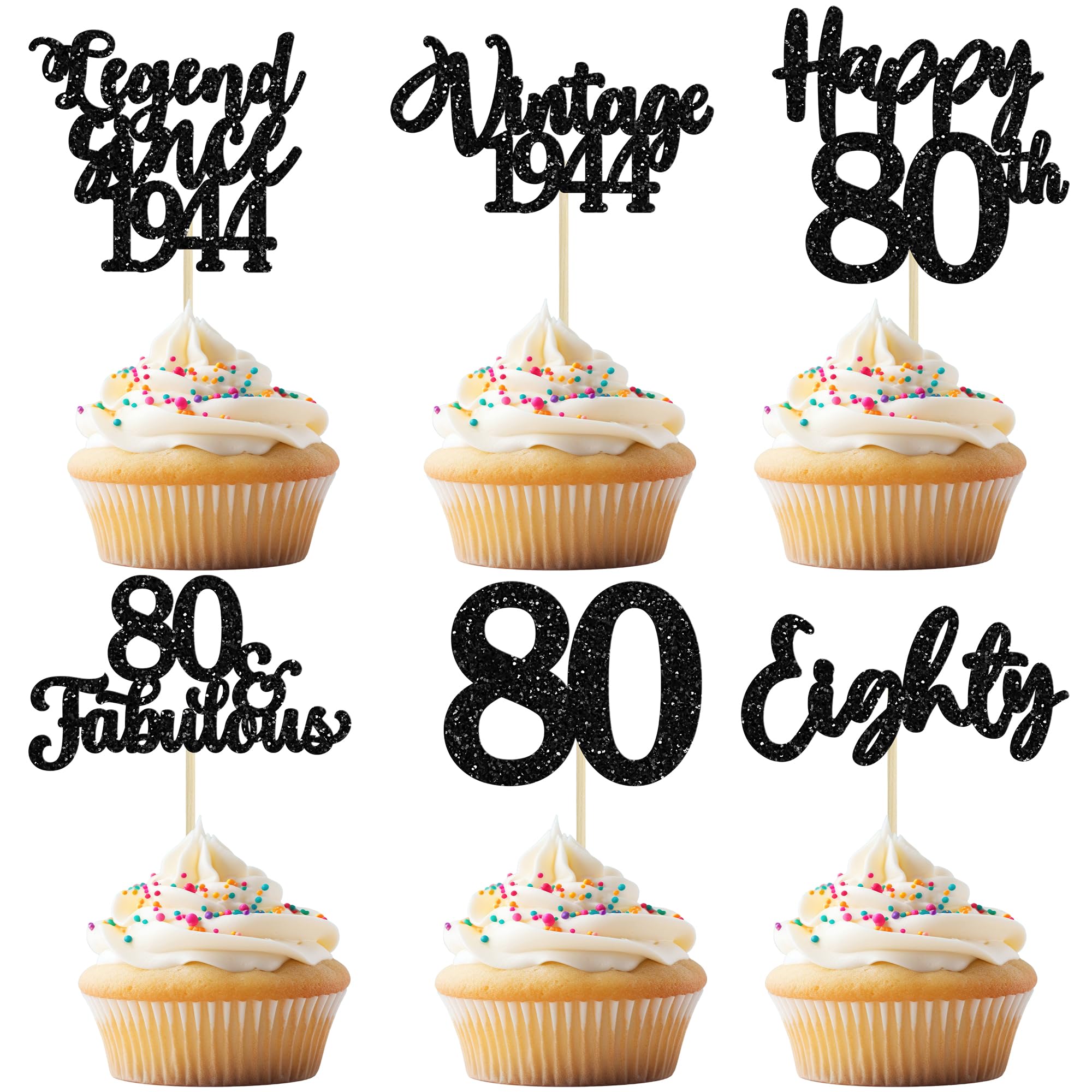 Ephlyn 36Pcs Black Glitter 80th Birthday Cupcake Toppers Vintage 1944 Legend Since 1944 Eighty Cupcake Picks 80 Fabulous Cupcake Toppers for 80th Birthday Wedding Party Decorations Supplies