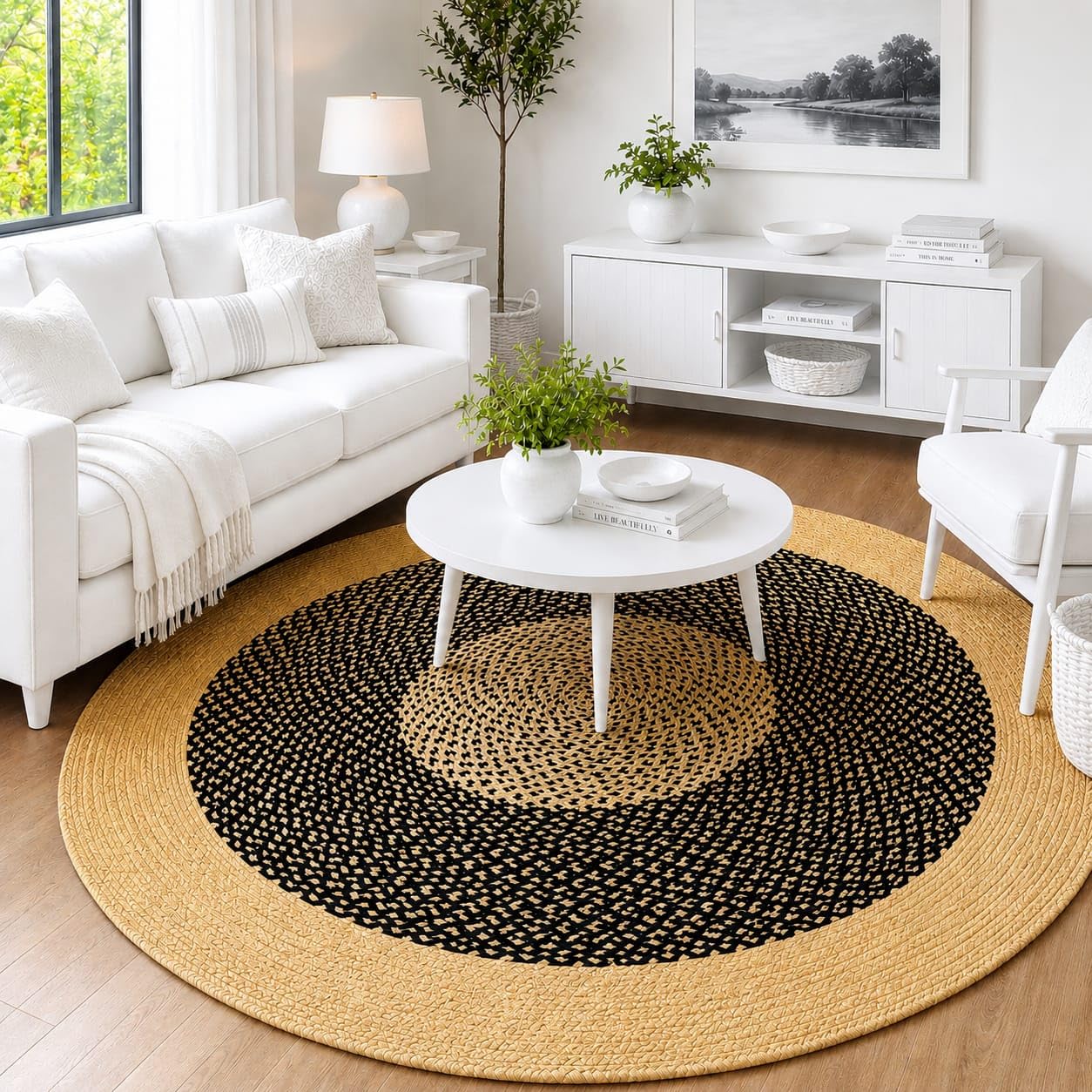 Bhuvan Handloom Natural Cotton Braided - Hand Woven & Reversible for Living Room, Kitchen, Entryway - Cotton Burlap Hallway Braided Farmhouse Rustic Rug (Beige & Black, 60"x60" [CM], Round)-image-34