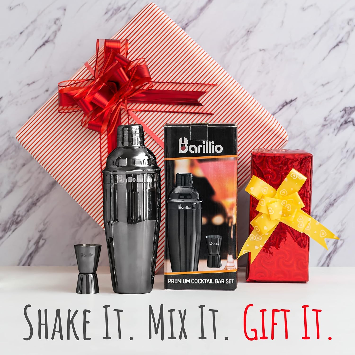 Get Popular Offer Black Cocktail Shaker Set Bartender Kit by BARILLIO: 24 oz Stainless Steel Martini Mixer, Muddler, Mixing Spoon, jigger, 2 liquor pourers, Velvet Bag, Recipes Booklet & eBook… Buy 1 get 1 Black Cocktail Shaker Set Bartender Kit by BARILLIO: 24 oz Stainless Steel Martini Mixer, Muddler, Mixing Spoon, jigger, 2 liquor pourers, Velvet Bag, Recipes Booklet & eBook…