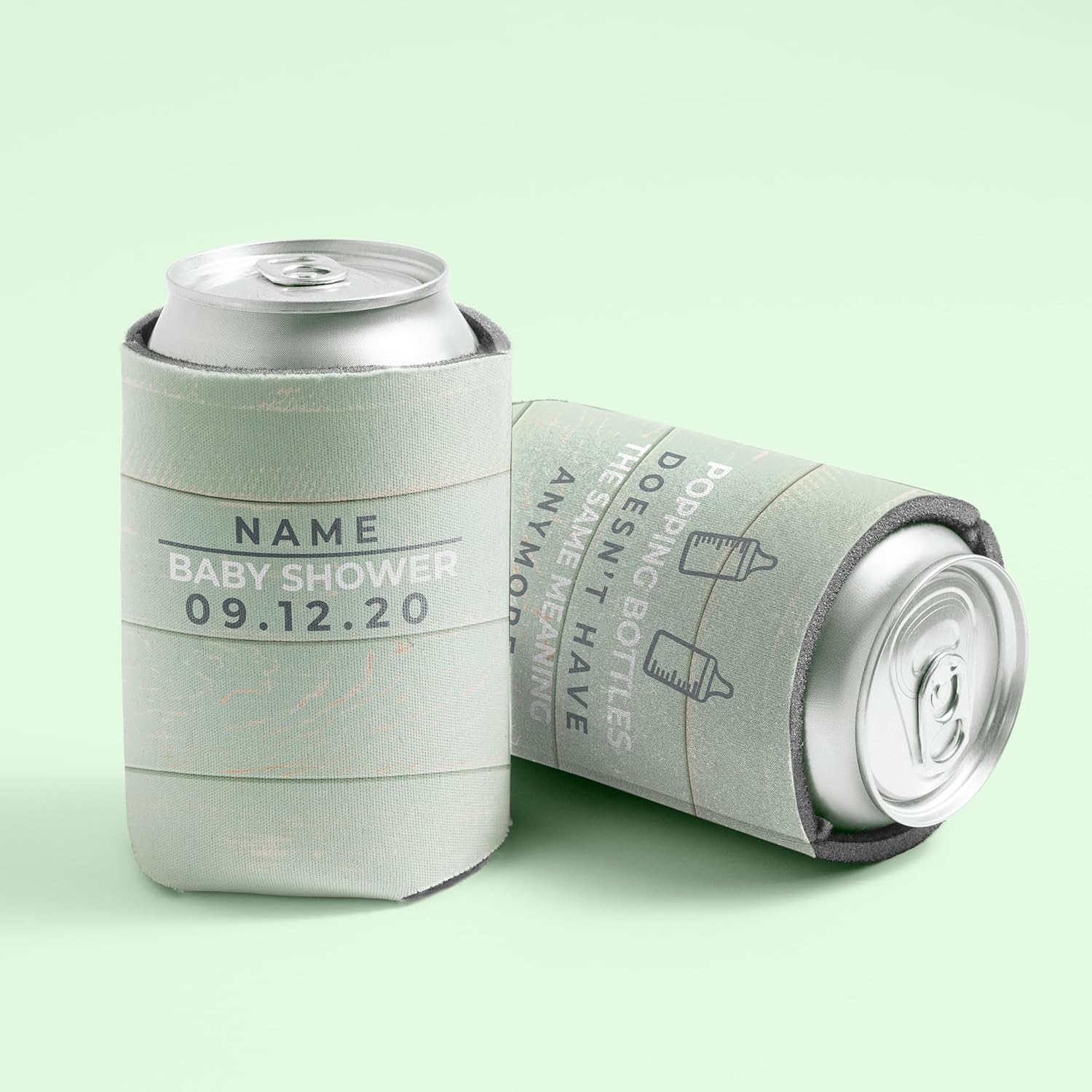 VictoryStore Custom Baby Shower Can Cooler – “Popping Bottles Doesn’t Have The Same Meaning Anymore” – Personalized Mint Design – 12oz Foam Drink Sleeve – Add Name & Date, Set of 48