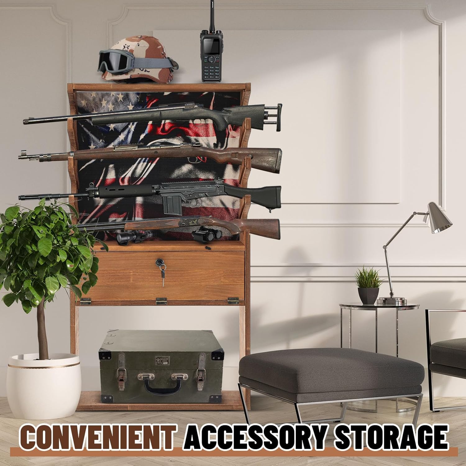 Patriotic Wooden Gun Racks for 4 Rifles, American Flag Horizontal Gun Display Stand Cabinet Shelf with Storage Compartment for Shotgun Accessories, 35 x 20 x 13 Inch