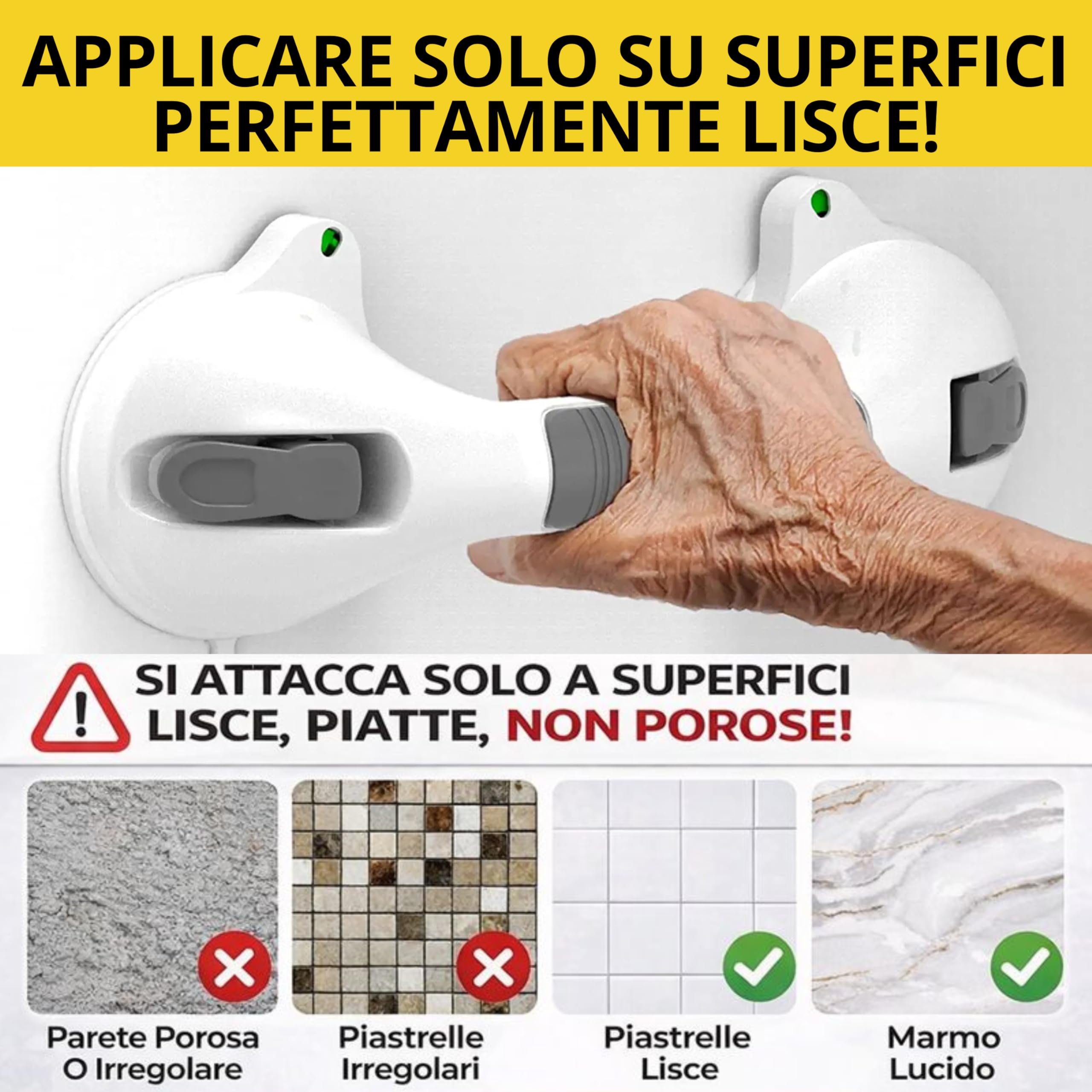 FLOOR SYSTEMS Maniglia Doccia Anziani con Indicatori di Sicurezza Ultra Resistente - Solo su Superfici Lisce - Maniglia Ventosa per Bagno - Ventose per Vetro e Piastrelle - 2 maniglie con omaggio