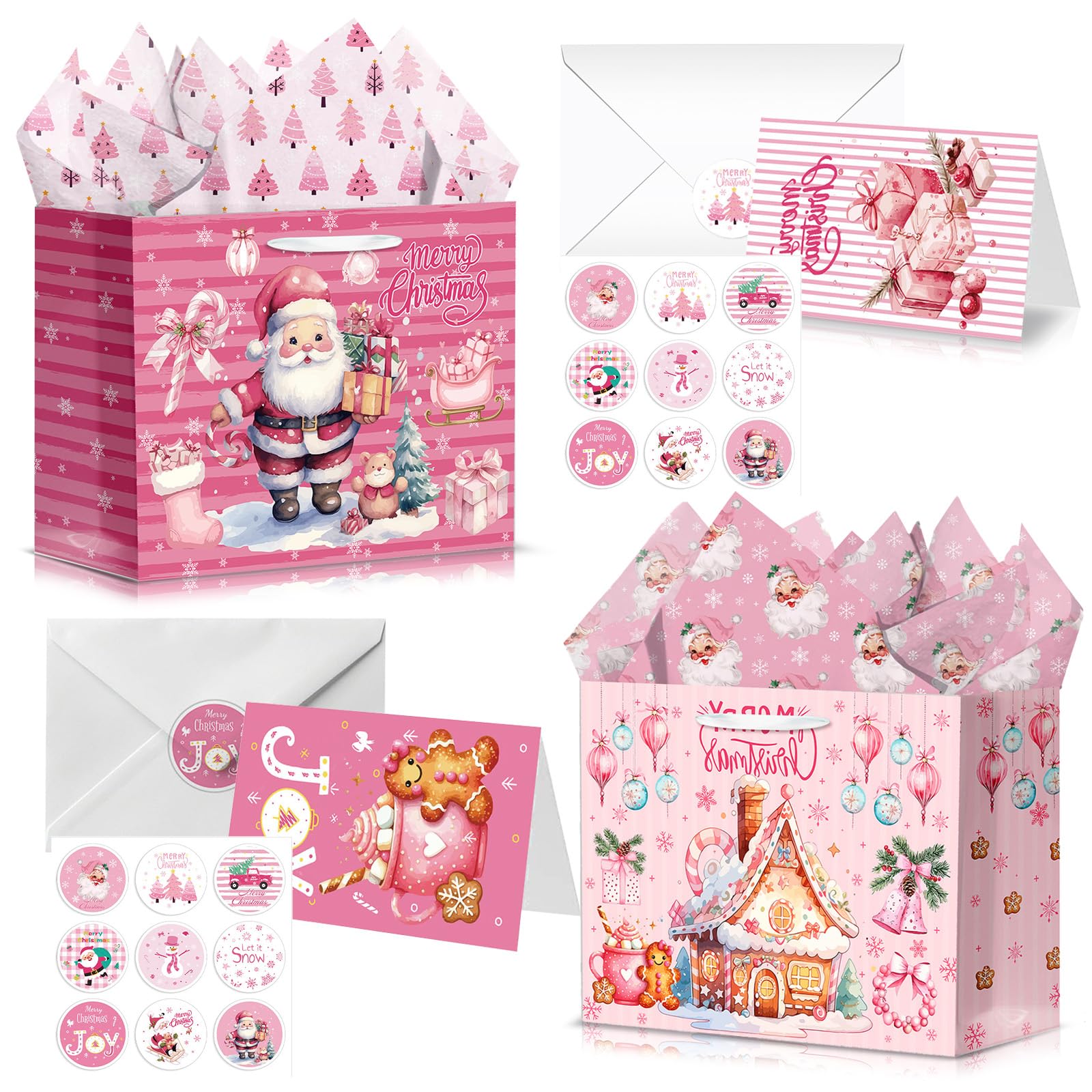 2 Sets Large Christmas Paper Gift Bags for Presents,33 * 26 * 12cm Santa Pink Xmas Gift Bag with 2 Wrapping Tissue/2 Cards/2 Envelopes/2 Stickers,Xmas Wrapping Bag for Christmas Holidays Party Favors