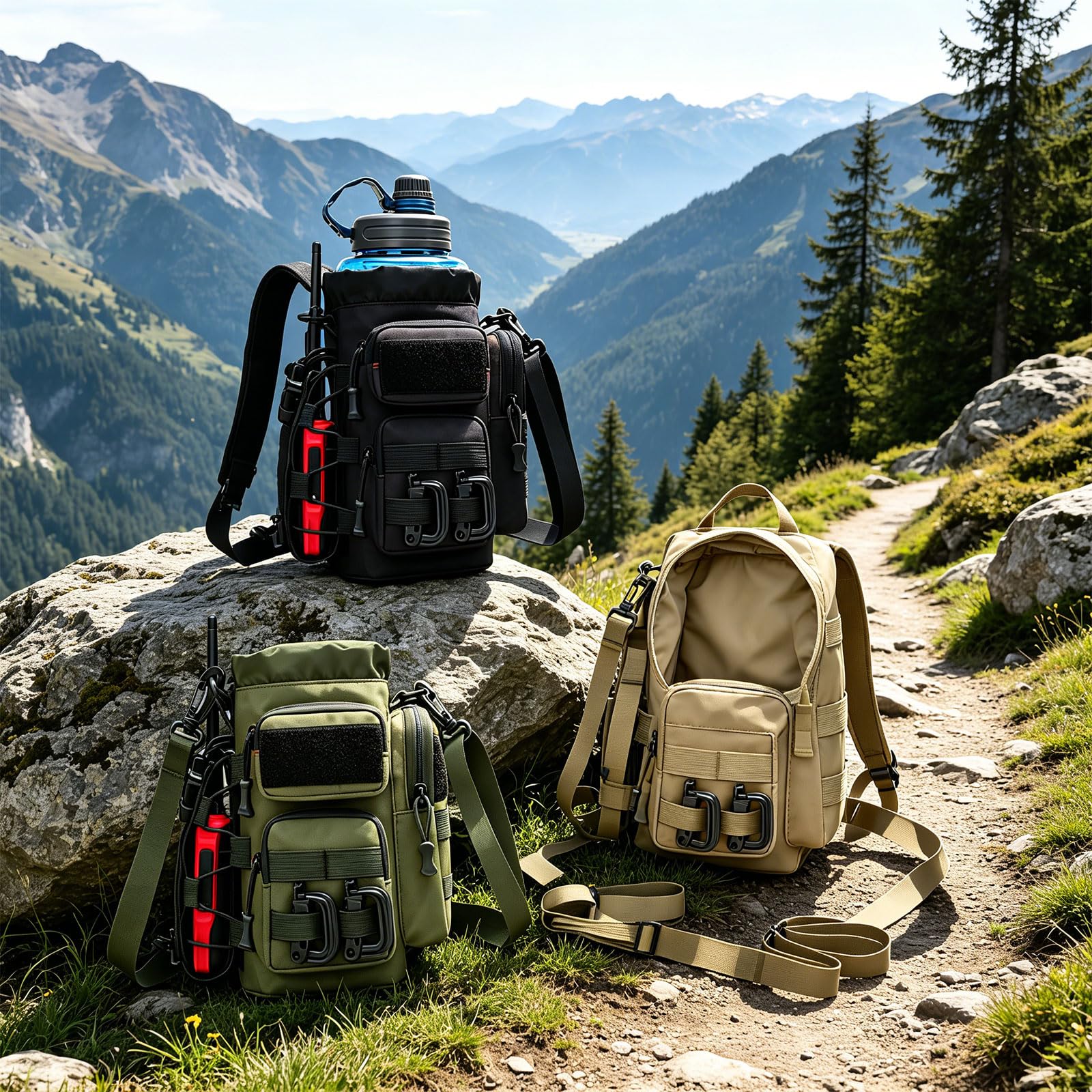 Flaschentasche für Camp-Wanderungen und Picknicks, 25 x 13 cm, Wasserflaschenhalter mit Kordelzug oben und Griff, Kantinen-Halterung, Tasche, Outdoor-Flasche, Trail, Ausrüstung, Organizer