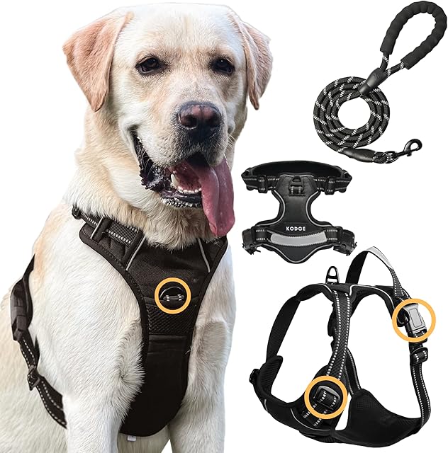KODGE Dog Harness Large Dog UK with 5FT Dog Lead - Dog Harness No Pull Harness for Dogs Soft Comfortable No Choke Padded Adjustable Pet Harness with 2 Leash Clips Reflective Pet Vest Harness