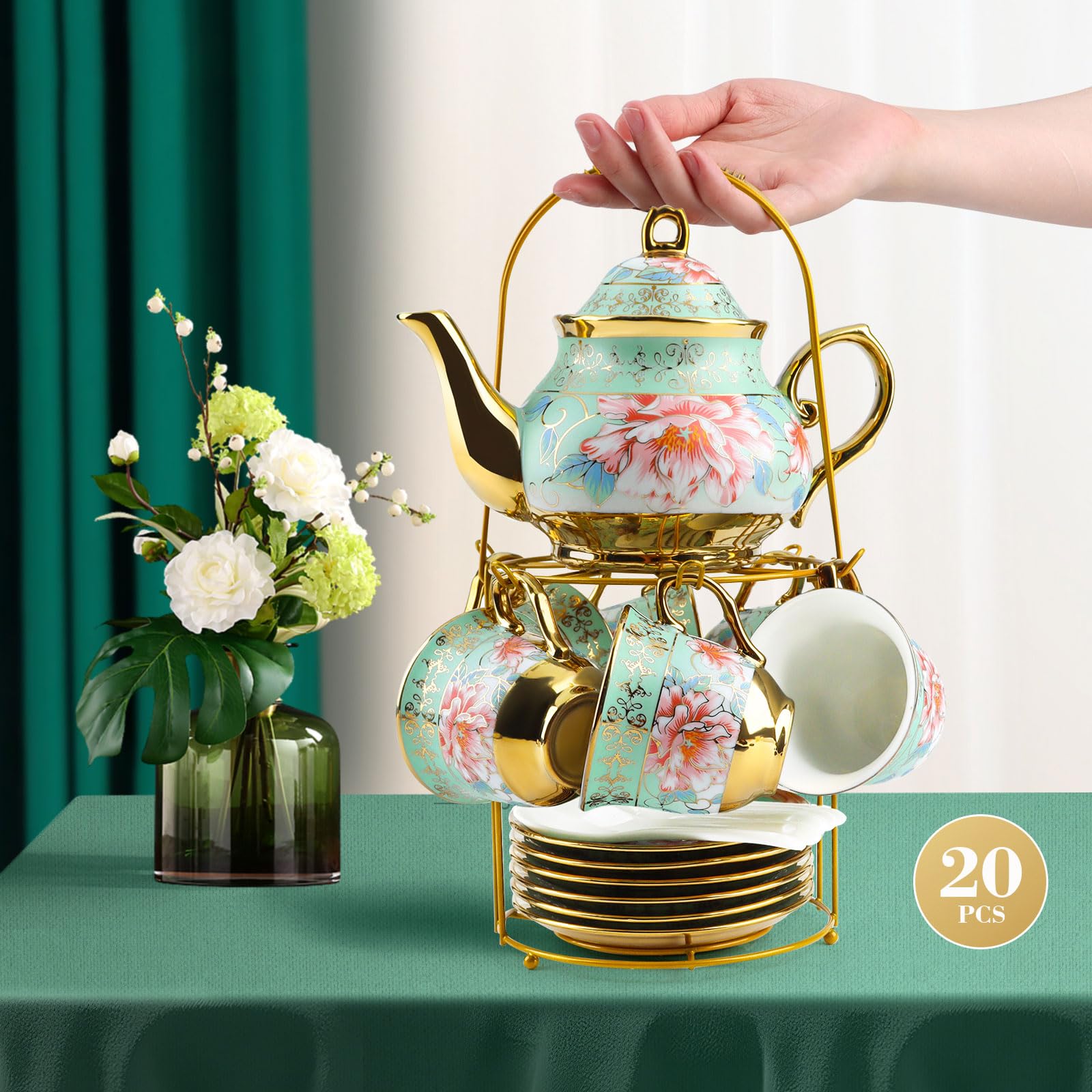 Serwis do herbaty, 20-częściowy, porcelanowy zestaw do herbaty w stylu vintage, z metalowym stojakiem, motyw kwiatowy i złota krawędź, dzbanek do herbaty 700 ml i filiżanki do herbaty 160 ml | Wzornictwo vintage z motywem kwiatowym i metalowym stojakiem.