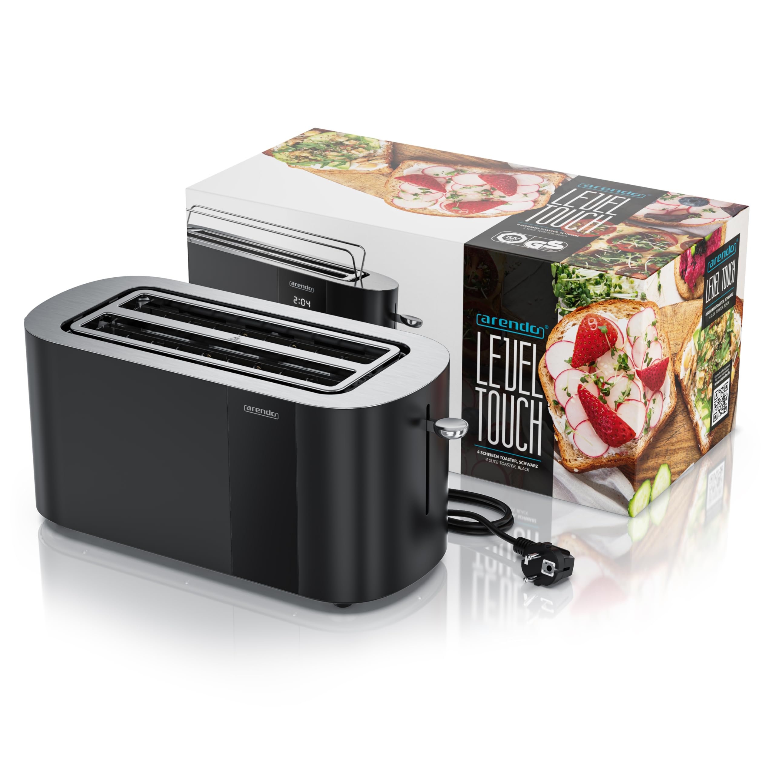 Arendo - Edelstahl Toaster 4 Scheiben Langschlitz - Touchscreen – Doppelwandgehäuse – 1500 W – Integrierter Brötchenaufsatz – 6 Bräunungsgrade – Brotzentrierung – Restzeitanzeige – Memoryfunktion