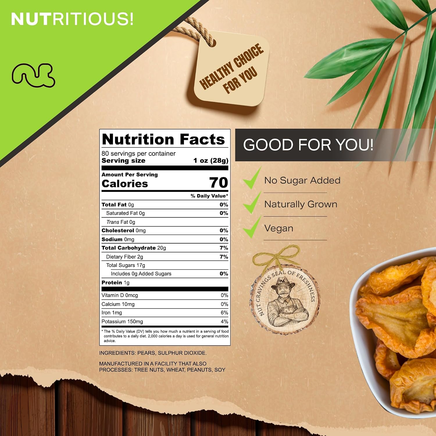 NUT CRAVINGS - Dried California Pears, No Sugar Added, Unsweetened (80oz, 5 LB, Bulk) Sweet Healthy Snack, Vegan, Kosher, Resealable Bag