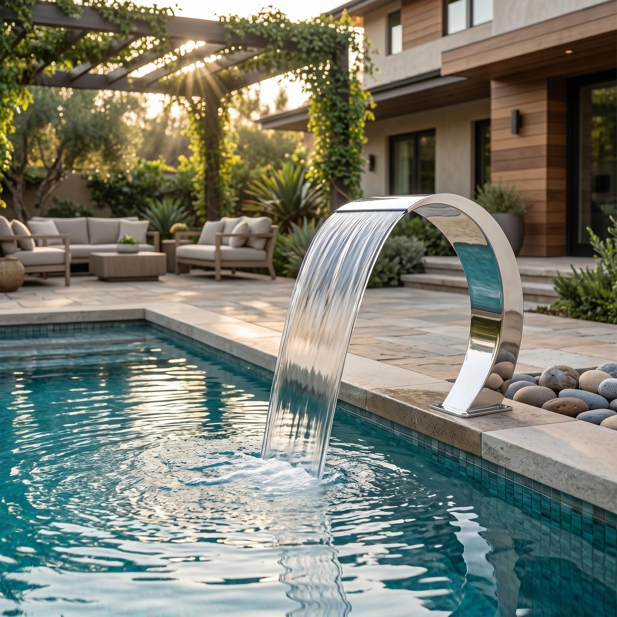 Wasserfallbrunnen für Pool, mit Innengewinde, G1 Edelstahl 304 abgerundetes und gebogenes Design, Außenpoolbrunnen für Spielplatz
