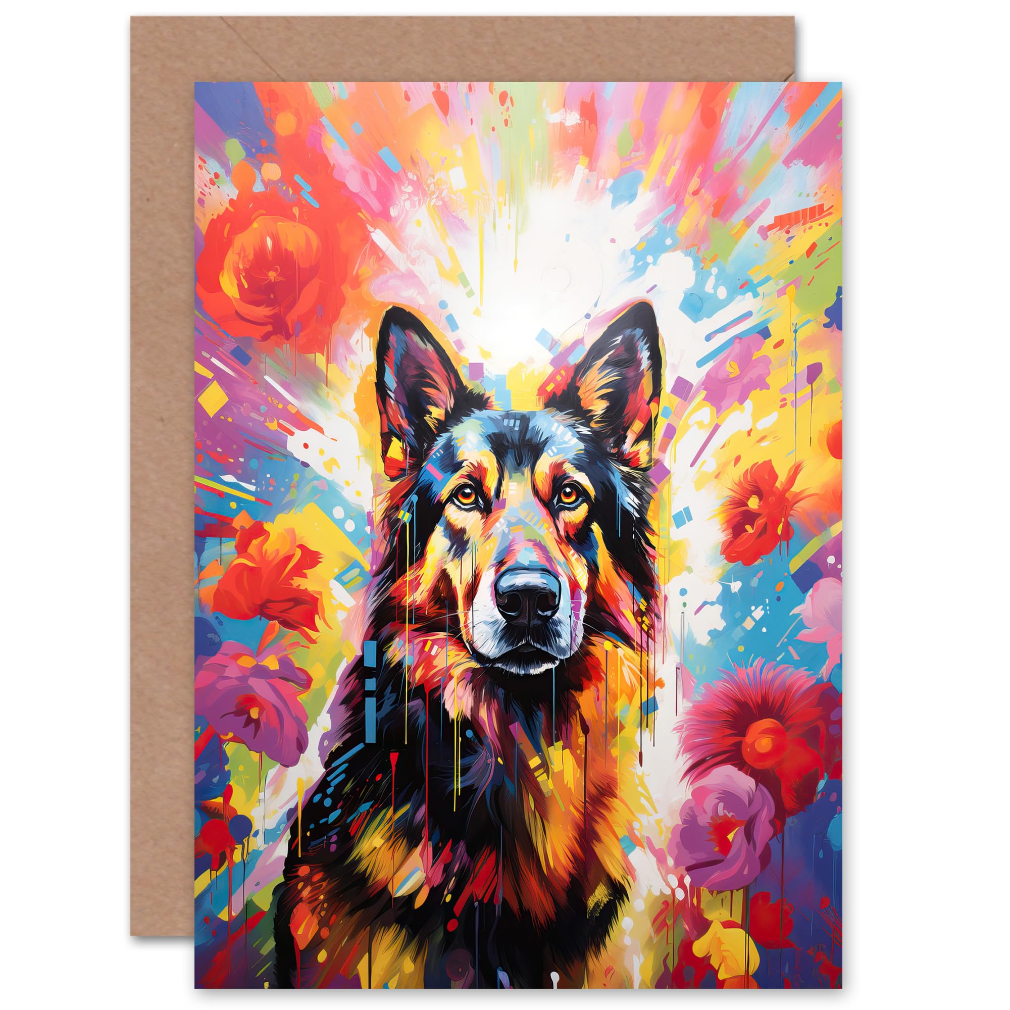 Artery8 German Shepherd Dog Lover Gift Pet Portrait Colourful Bright Artwork Painting Sealed Greeting Card Plus Envelope Blank inside