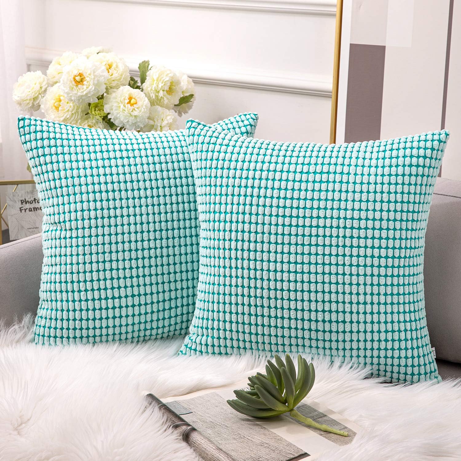 Ashler Corduroy Soft Decorative Throw Pillow Covers, Textured Square Cushion Cases, Water Green 18 x 18 Inches Set of 2