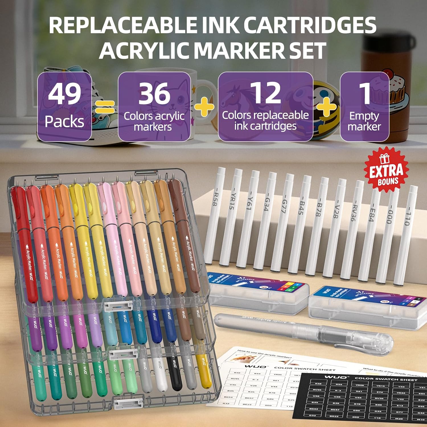 WUO 36 Colors Acrylic Paint Markers with Extra 12 Replaceable Ink Cartridges, Automatic Ink Control Brush Tip Water-Based No-Bleed Waterproof Paint Pens for Rocks Painting, Canvas, Glass, DIY Art