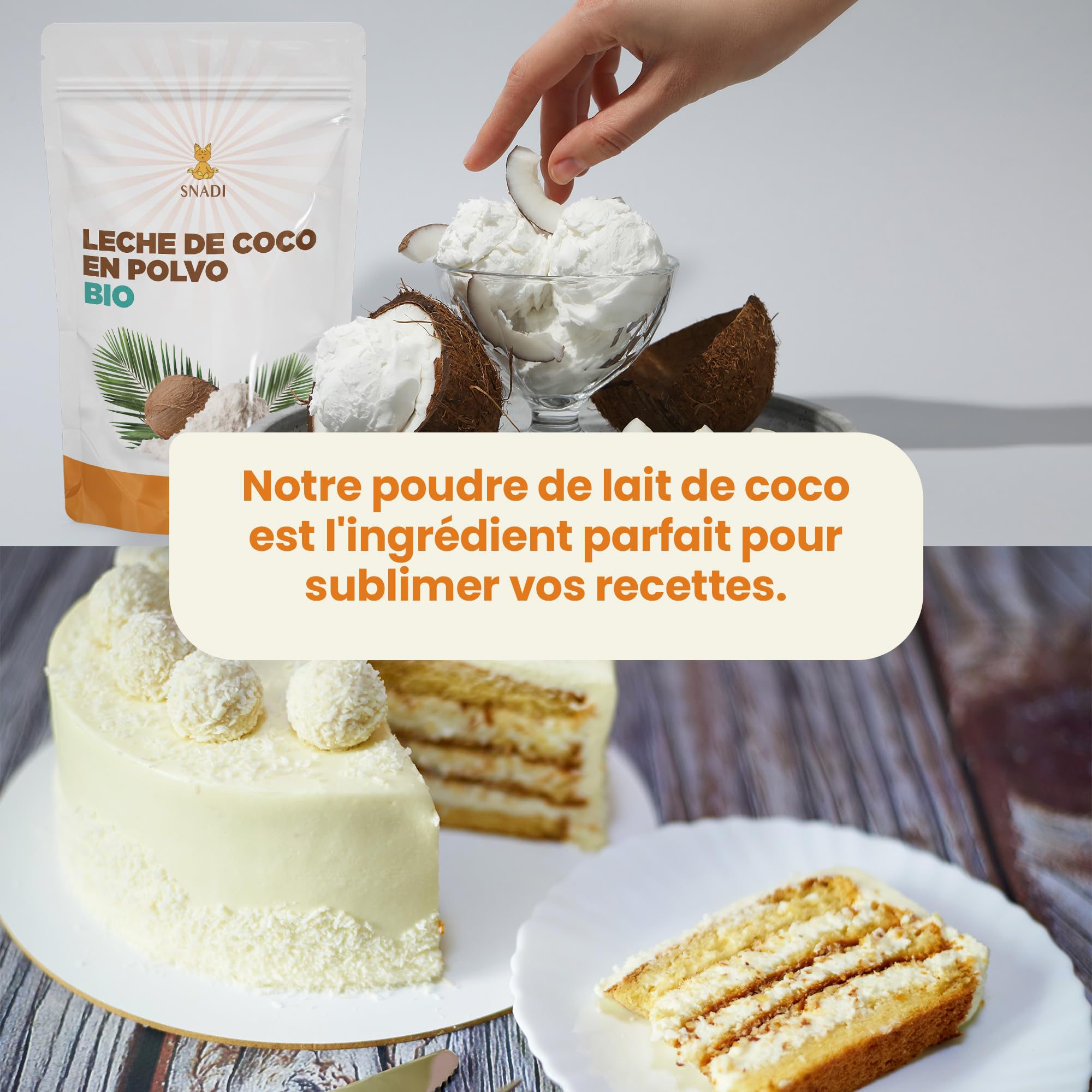 Snadi - Lait de Coco en Poudre BIO du Sri Lanka - 1KG - 100% Naturel et Biologique - Emballage en Sachet Plastique Recyclable - Sans Additifs ni Conservateurs - Idéal pour Smoothies, Currys