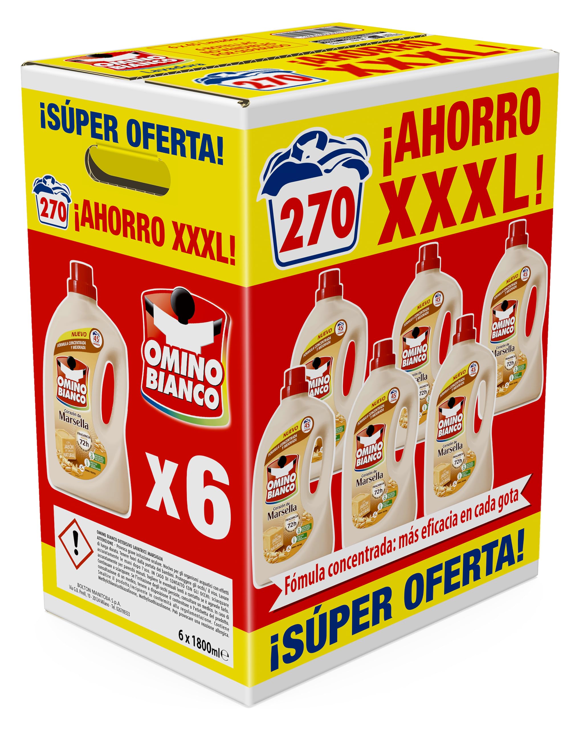 Detergente Líquido Omino Bianco Jabón de Marsella – Pack Ahorro 6 x 45 Dosis (270 Lavados)