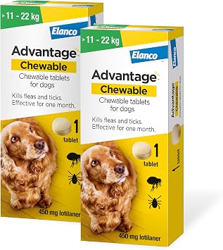 Advantage Chewable 450mg Chewable Tablets for Dogs >11-22kg 2 pack, Flea and Tick Treatment, Fast Acting Kills Fleas Within Hours, Prevention Lasts For A Month, Easy To Administer