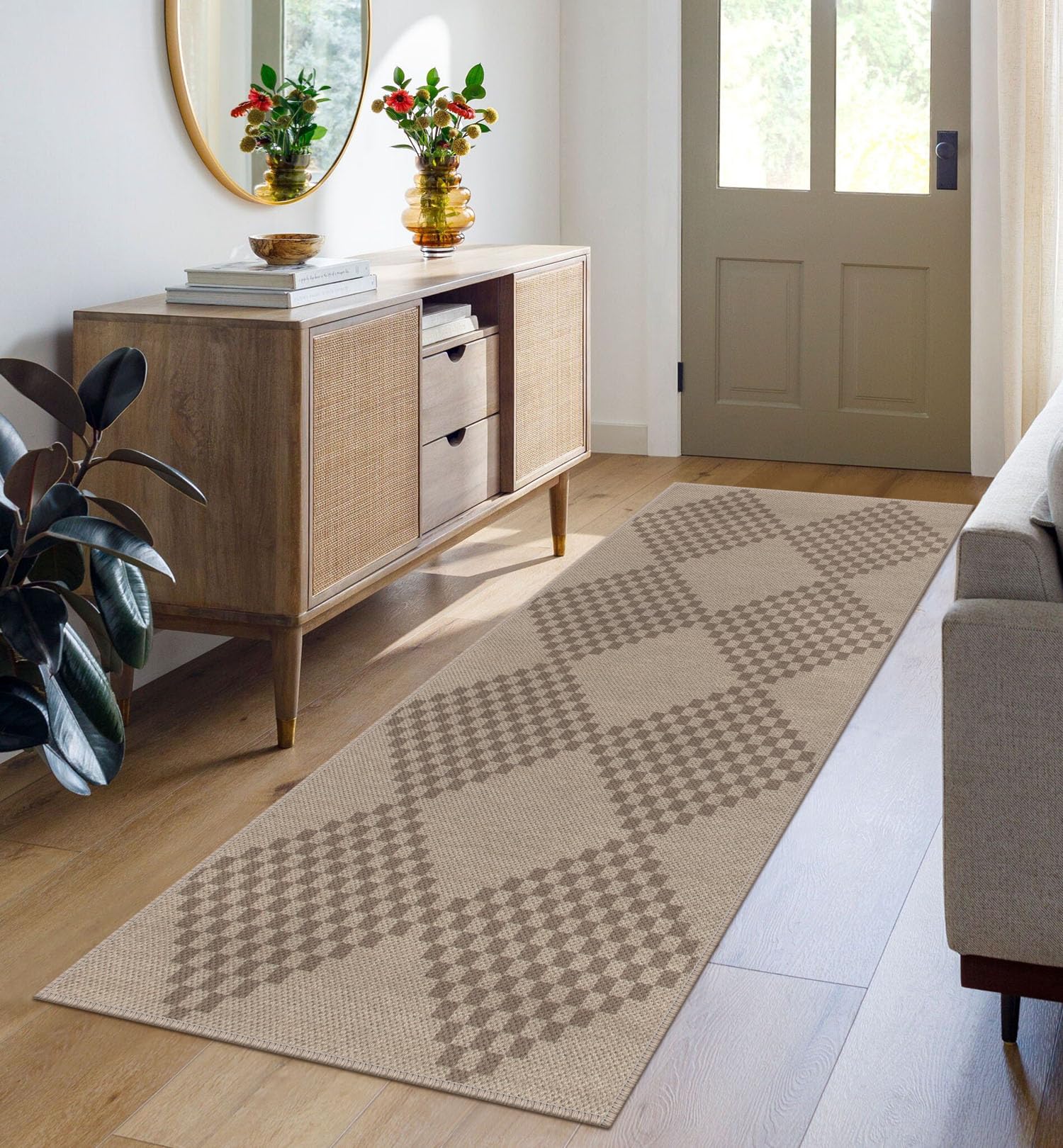 Rugalia Easy Jute Checkered Runner Rug, 2x6 Brown Diamond Rugs Runner for Hallway Washable Non-Slip Kitchen Runner Rug, Neutral Farmhouse Indoor Outdoor Carpet for Porch Laundry Patio