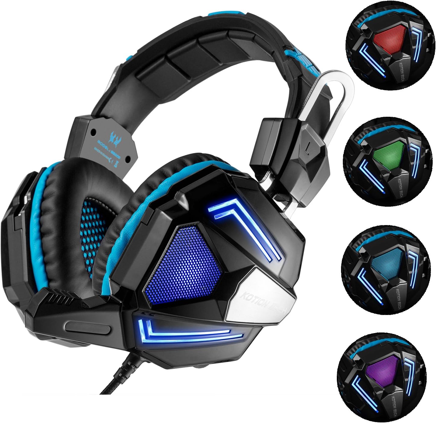 Gaming Headset, Eshop Stereo Computer Headset with Mic & LED Light & Volume Control, Wired Over-ear Noise Cancelling Headphones Earphones for PC Computer Tablet Laptop (Black-blue)