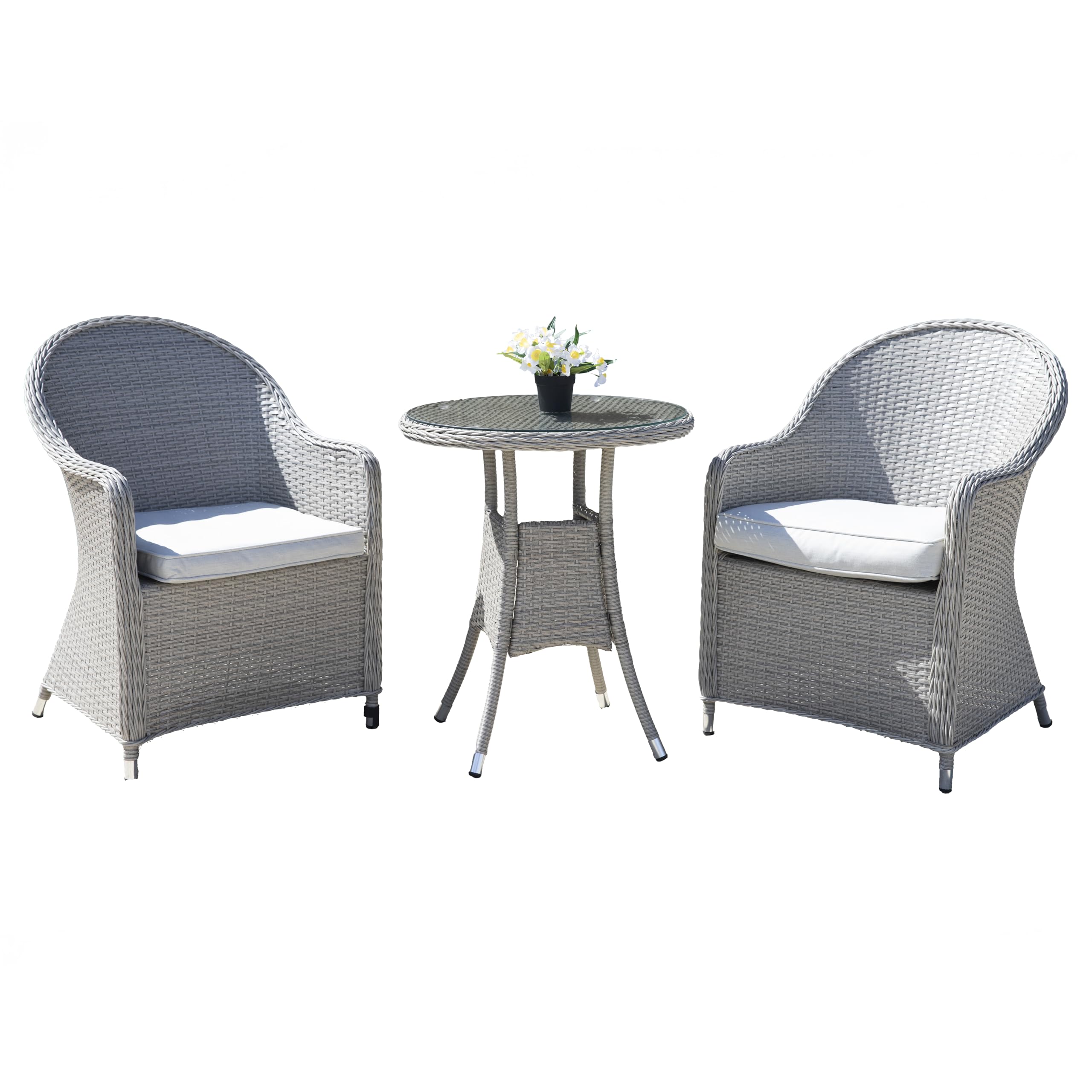 SHATCHI Sorrento Premium 3 Pieces Aluminium Rattan Bistro Set 2 Seater, 2 Chairs with Cushions, Glass Top Table Outdoor Garden Lounge Balcony Patio Compact Furniture