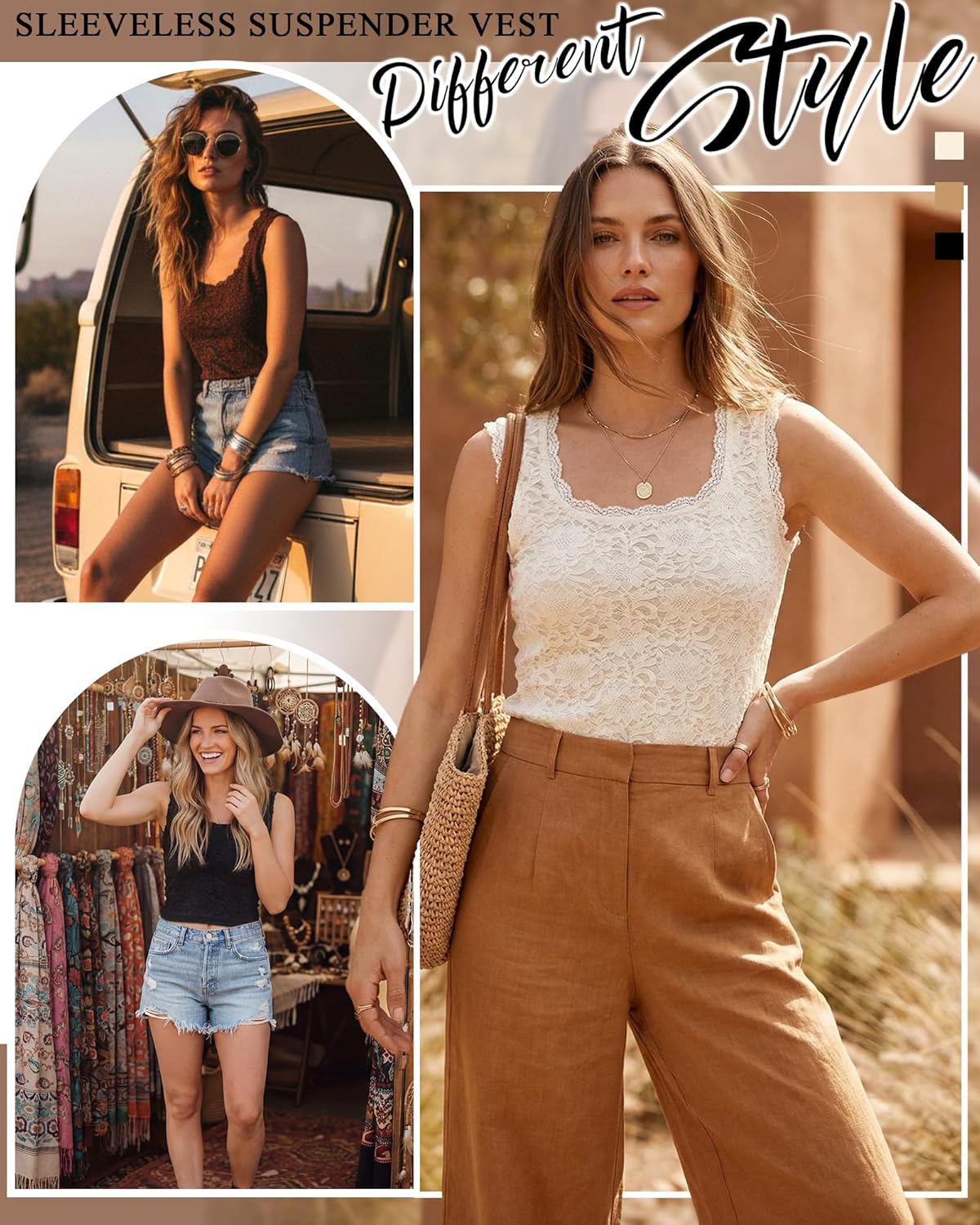 Cuffbow 3 Pack Lace Tank Tops for Women Square Neck Double Lined Floral Soft Camisole Summer Going Out Y2k Outfits Tops