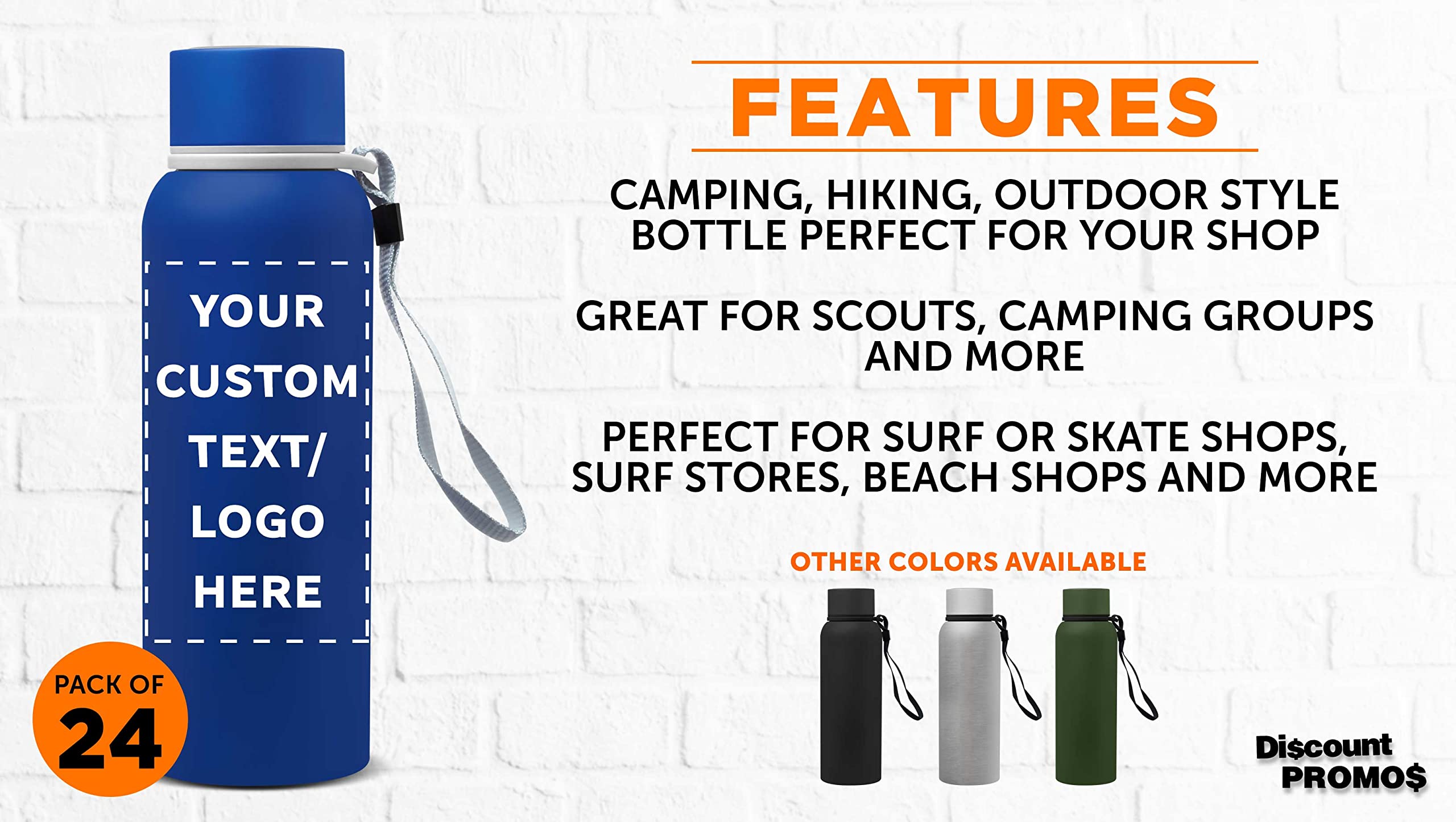 DISCOUNT PROMOS 24 Ransom Water Bottles with Strap Set, 17 oz. - Customizable Text, Logo - Stainless Steel, Double Wall, Plastic Lid - Blue