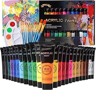 ARTKUNST Acrylfarben Set, 24 x 36 ML Acrylfarbenset mit 10 Pinseln für Leinwand Holz Papier Keramik, Wasserdichte Acrylfar...